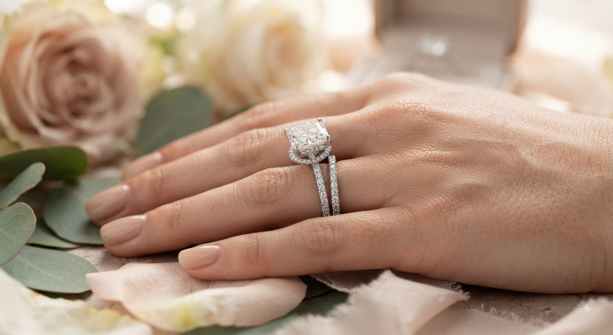 Diamond engagement ring with a detailed hidden halo setting