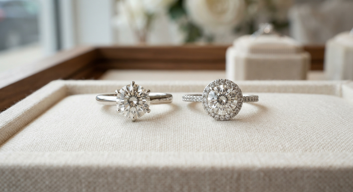 Solitaire and halo engagement rings displayed side by side