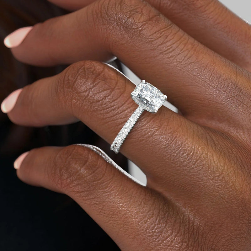 Cushion Cut Diamond Engagement Ring with Milgrain Detail – Elegant White Gold Ring