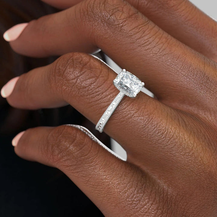 Cushion Cut Diamond Engagement Ring with Milgrain Detail – Elegant White Gold Ring