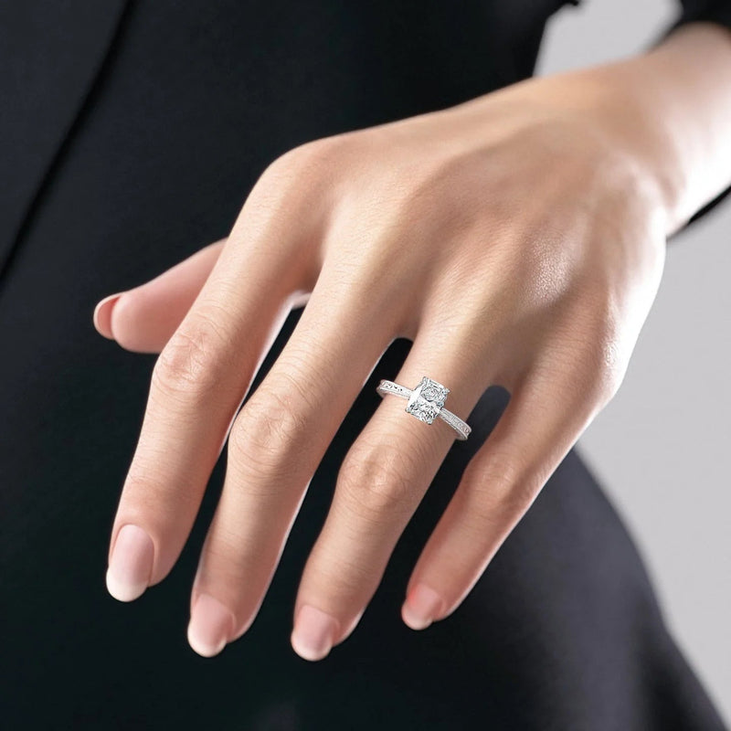 Cushion Cut Diamond Engagement Ring with Milgrain Detail – Elegant White Gold Ring