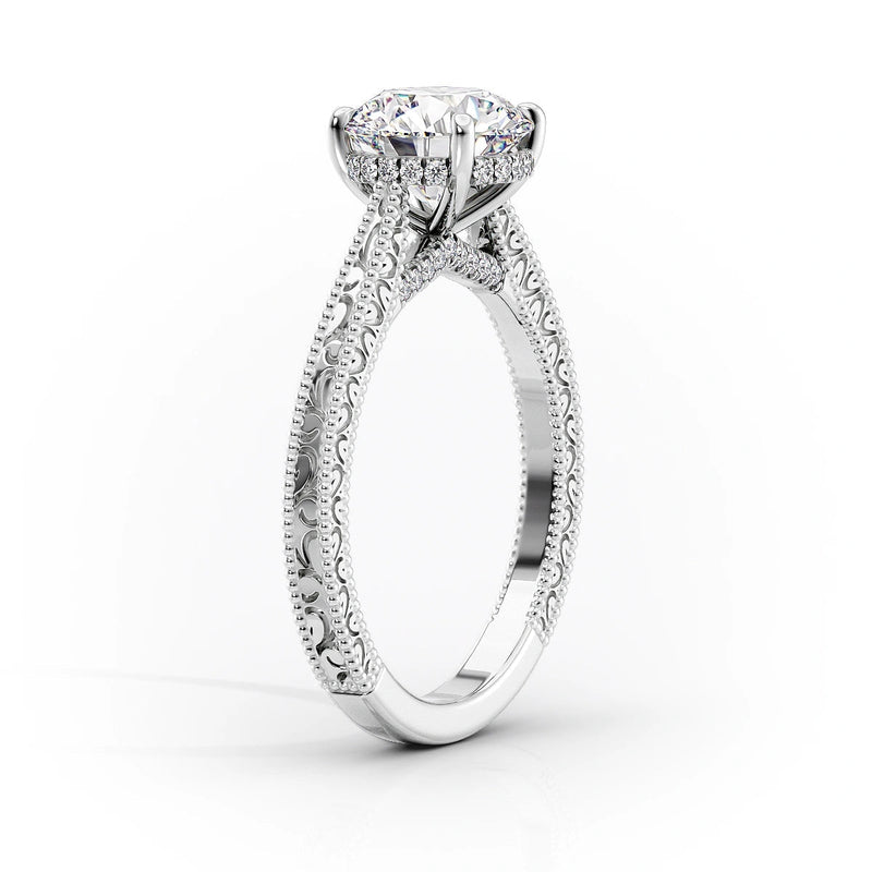 Cushion Cut Diamond Engagement Ring with Milgrain Detail – Elegant White Gold Ring