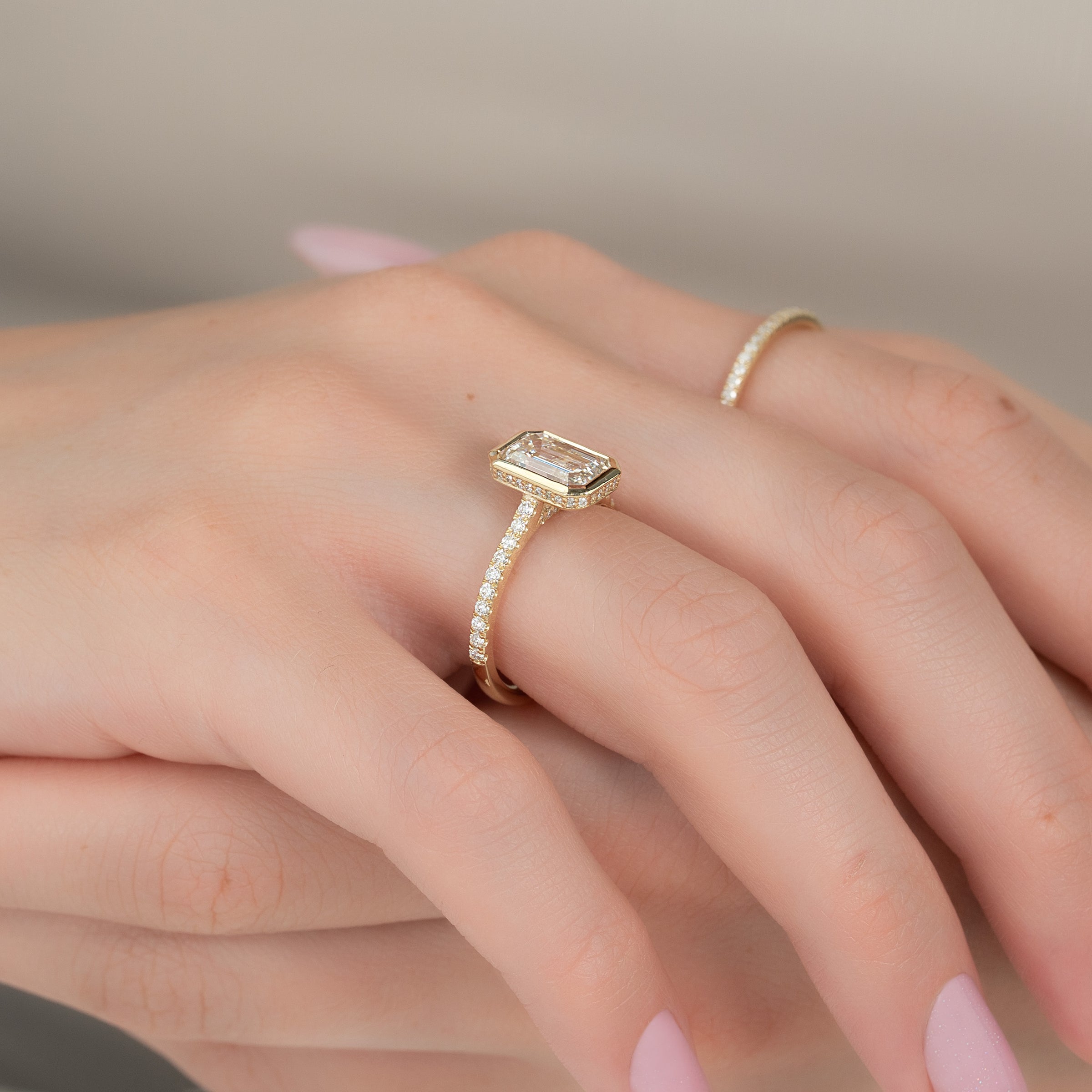 Emerald-Cut Diamond Ring in 14K Gold with Pavé Diamond Band