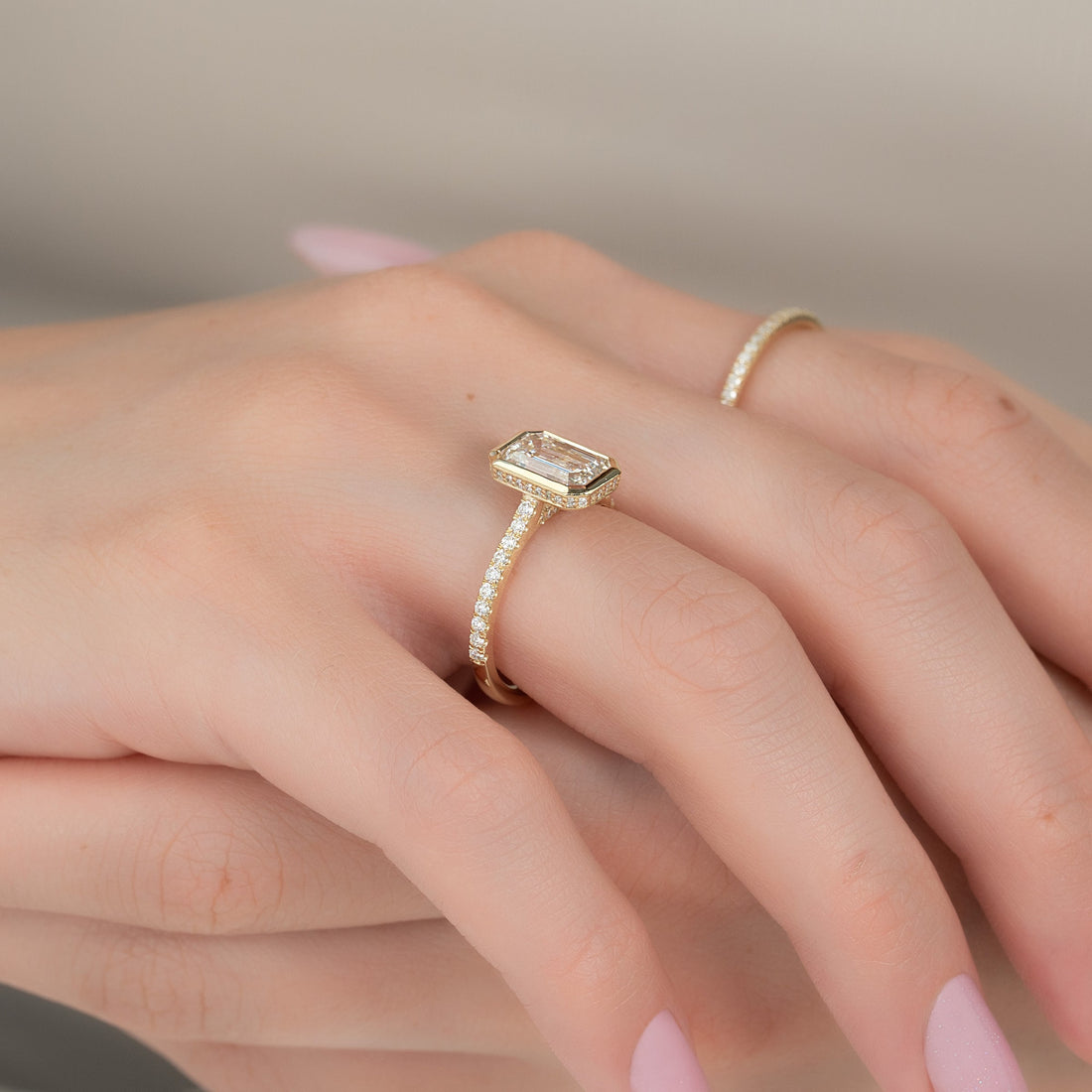 Emerald-Cut Diamond Ring in 14K Gold with Pavé Diamond Band