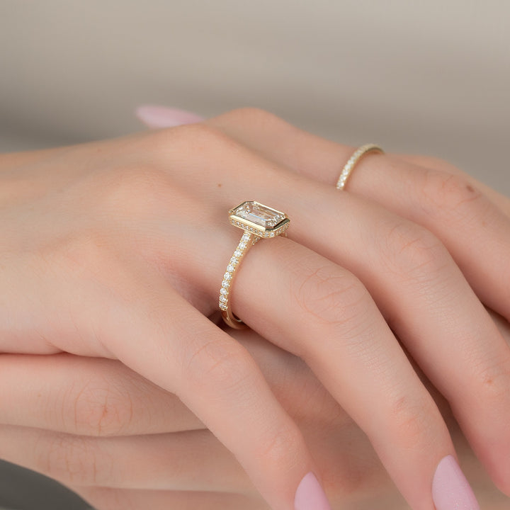 Emerald-Cut Diamond Ring in 14K Gold with Pavé Diamond Band