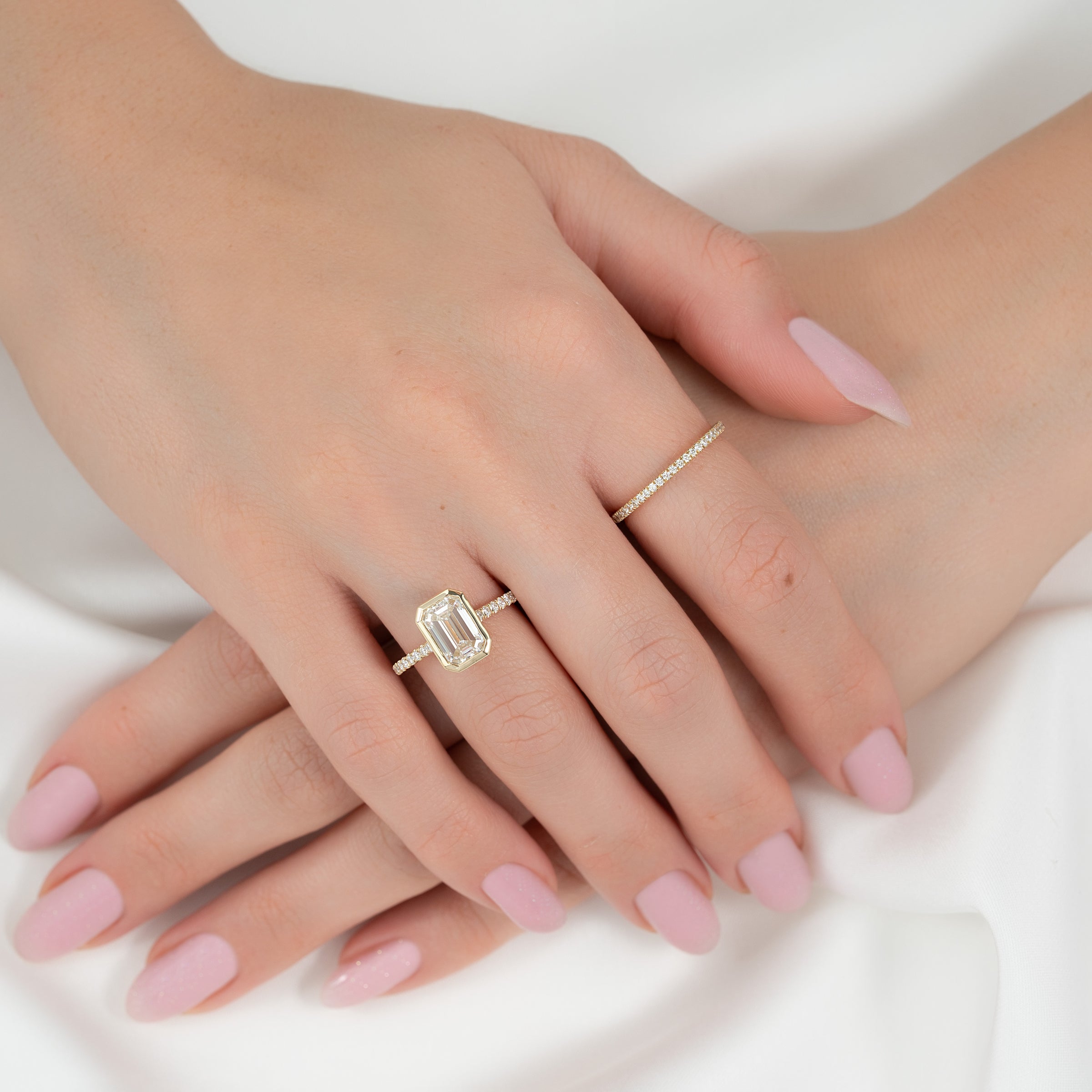 Emerald-Cut Diamond Ring in 14K Gold with Pavé Diamond Band