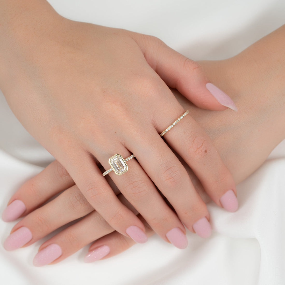 Emerald-Cut Diamond Ring in 14K Gold with Pavé Diamond Band