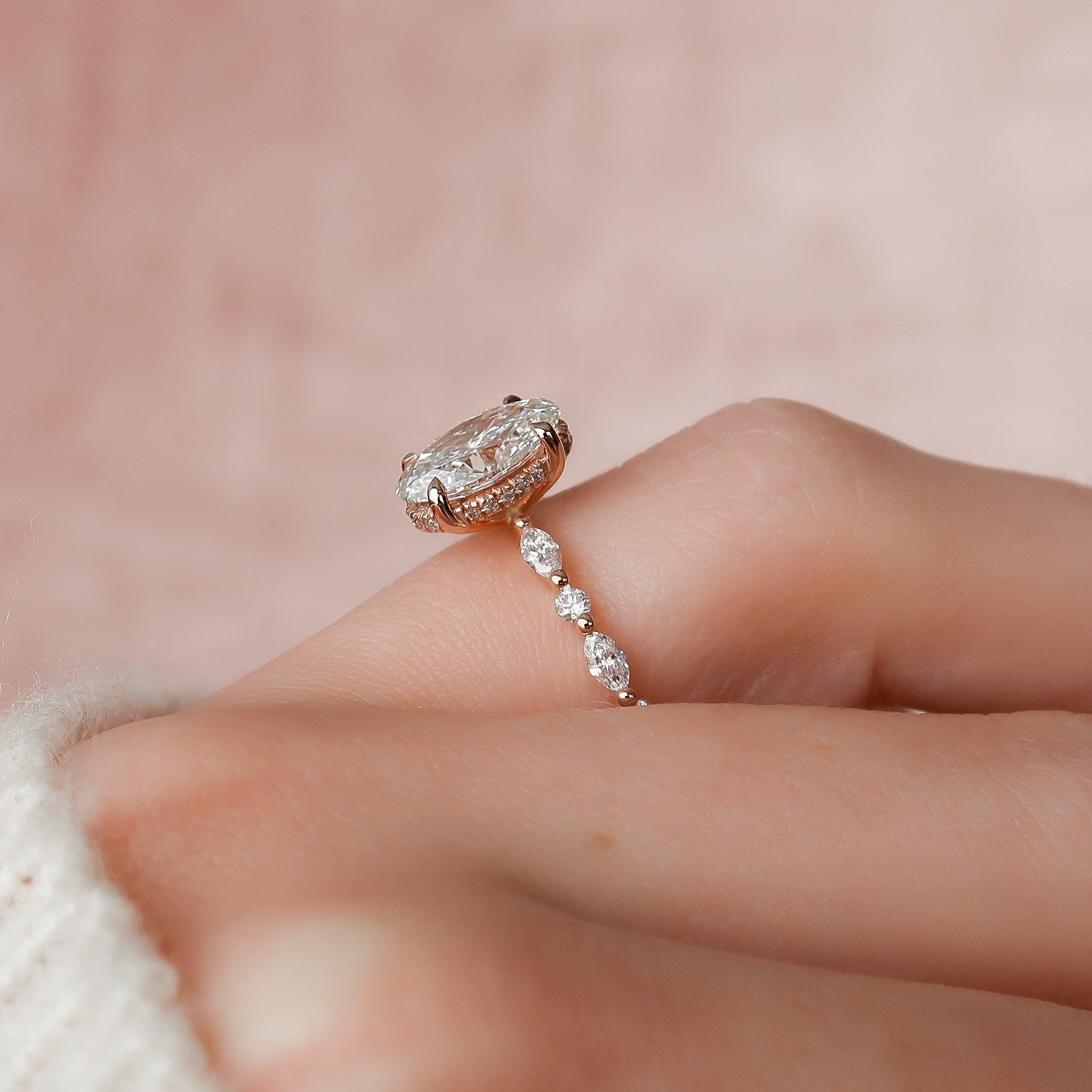 Oval Cut Diamond Engagement Ring in Rose Gold with Pavé Accent Stones