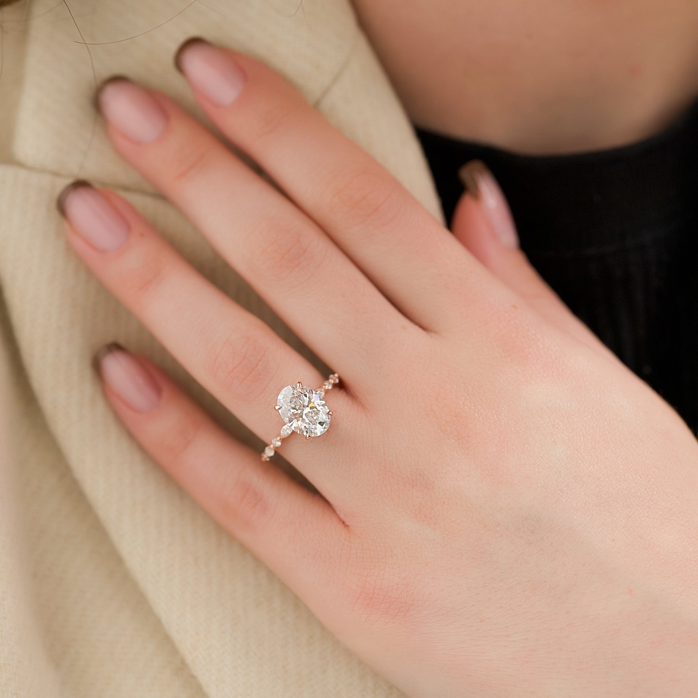 Oval Cut Diamond Engagement Ring in Rose Gold with Pavé Accent Stones