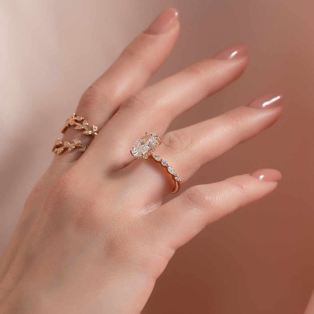 Oval Cut Diamond Engagement Ring in Rose Gold with Pavé Accent Stones