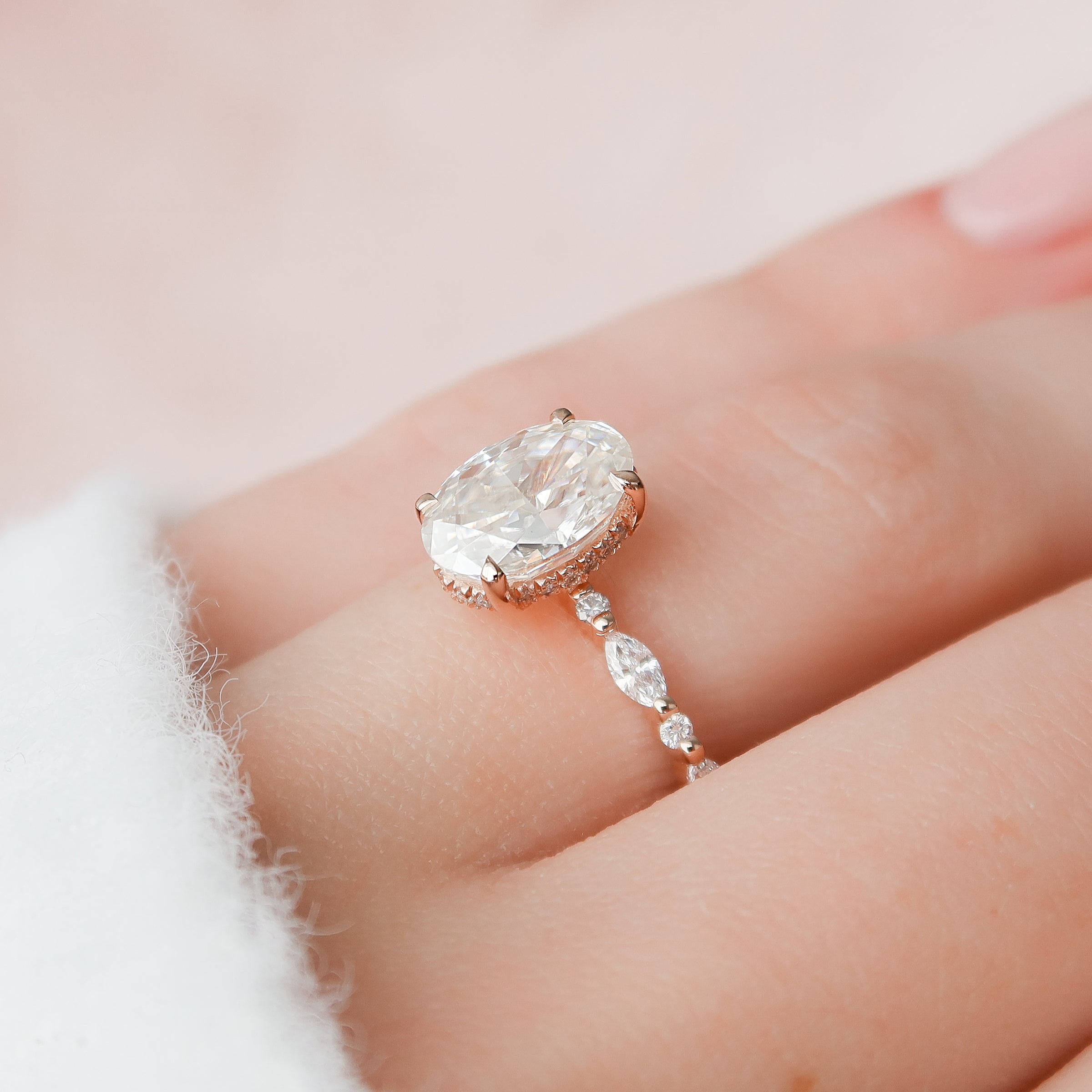 Oval Cut Diamond Engagement Ring in Rose Gold with Pavé Accent Stones