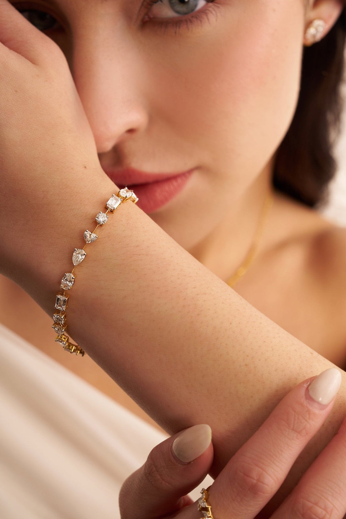 18K Gold Plated Moissanite Tennis Bracelet – Sparkling Round & Emerald Cut Link Bracelet for Women