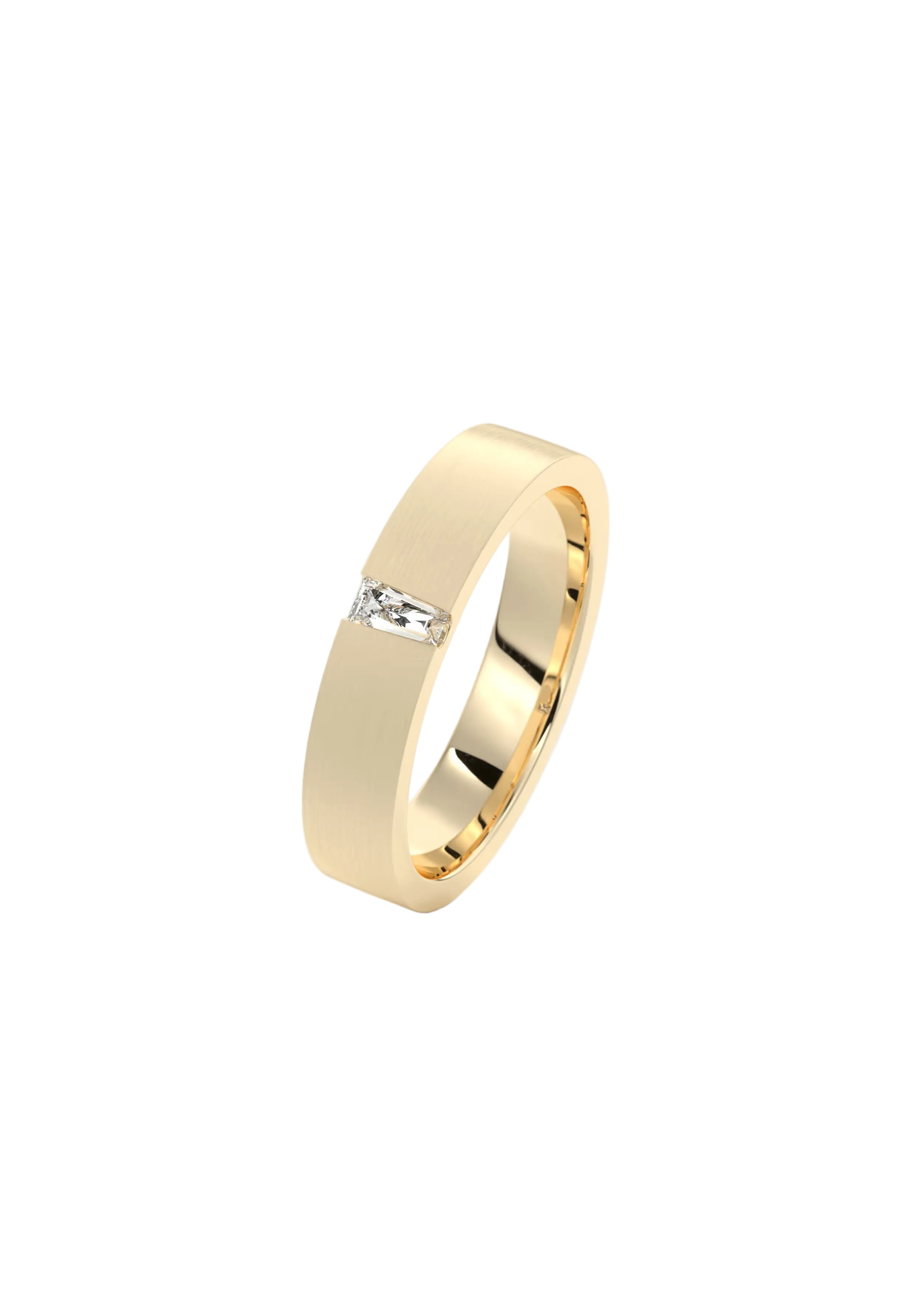 A yellow gold band ring with a small marquise-cut clear gemstone on the front, set against a clean white background.