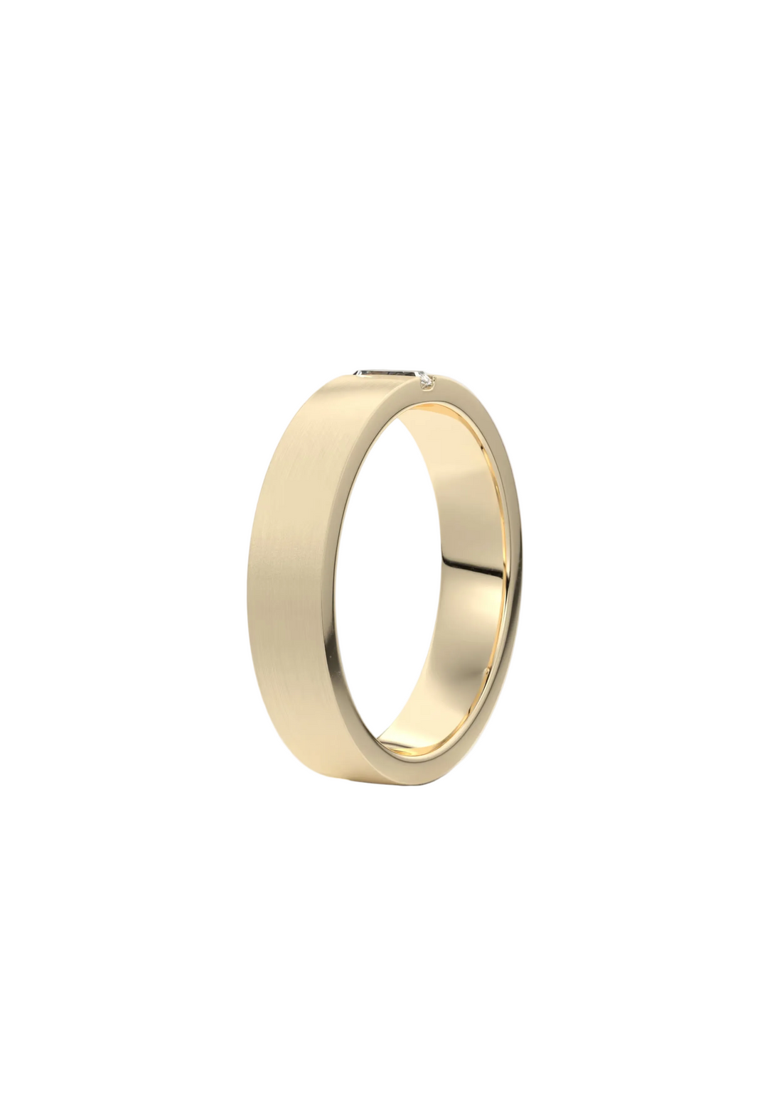 A minimalist yellow gold band ring with a flat, brushed outer surface and a polished beveled edge, shown on a clean white background.