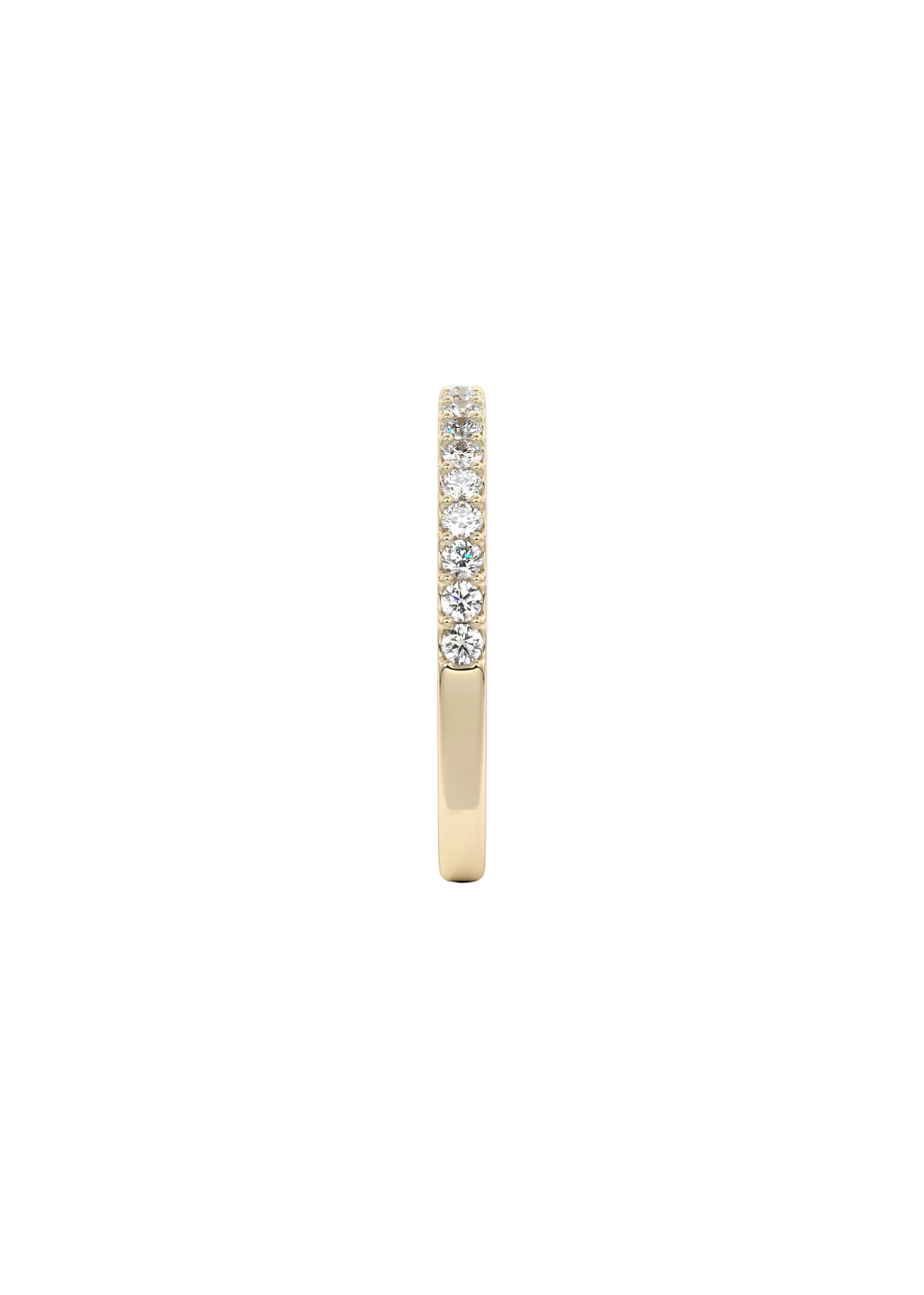 A slim yellow gold eternity ring featuring a row of round brilliant-cut diamonds set along the upper half, shown against a clean white background.