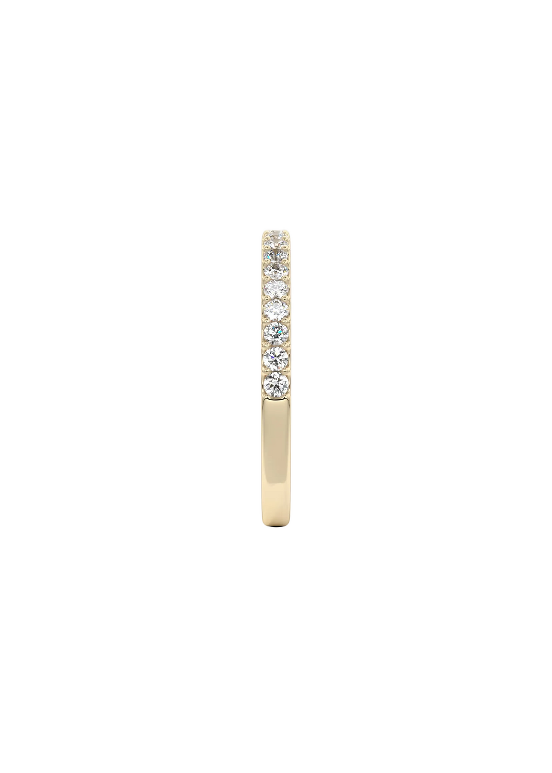 A slim yellow gold eternity ring featuring a row of round brilliant-cut diamonds set along the upper half, shown against a clean white background.