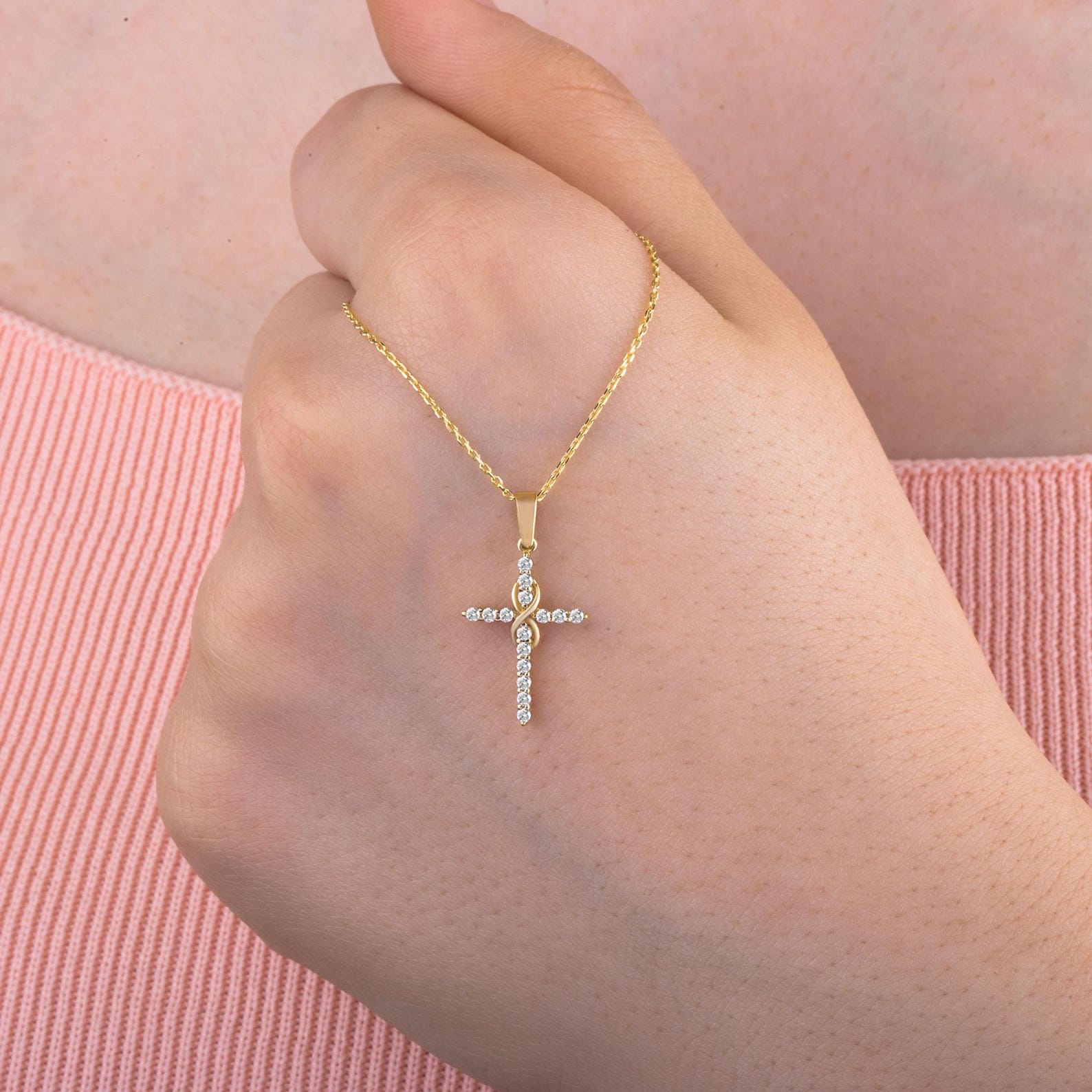 Dainty Infinity Cross Pendant Necklace with Sparkling Diamond – Elegant Christian Jewelry for Women