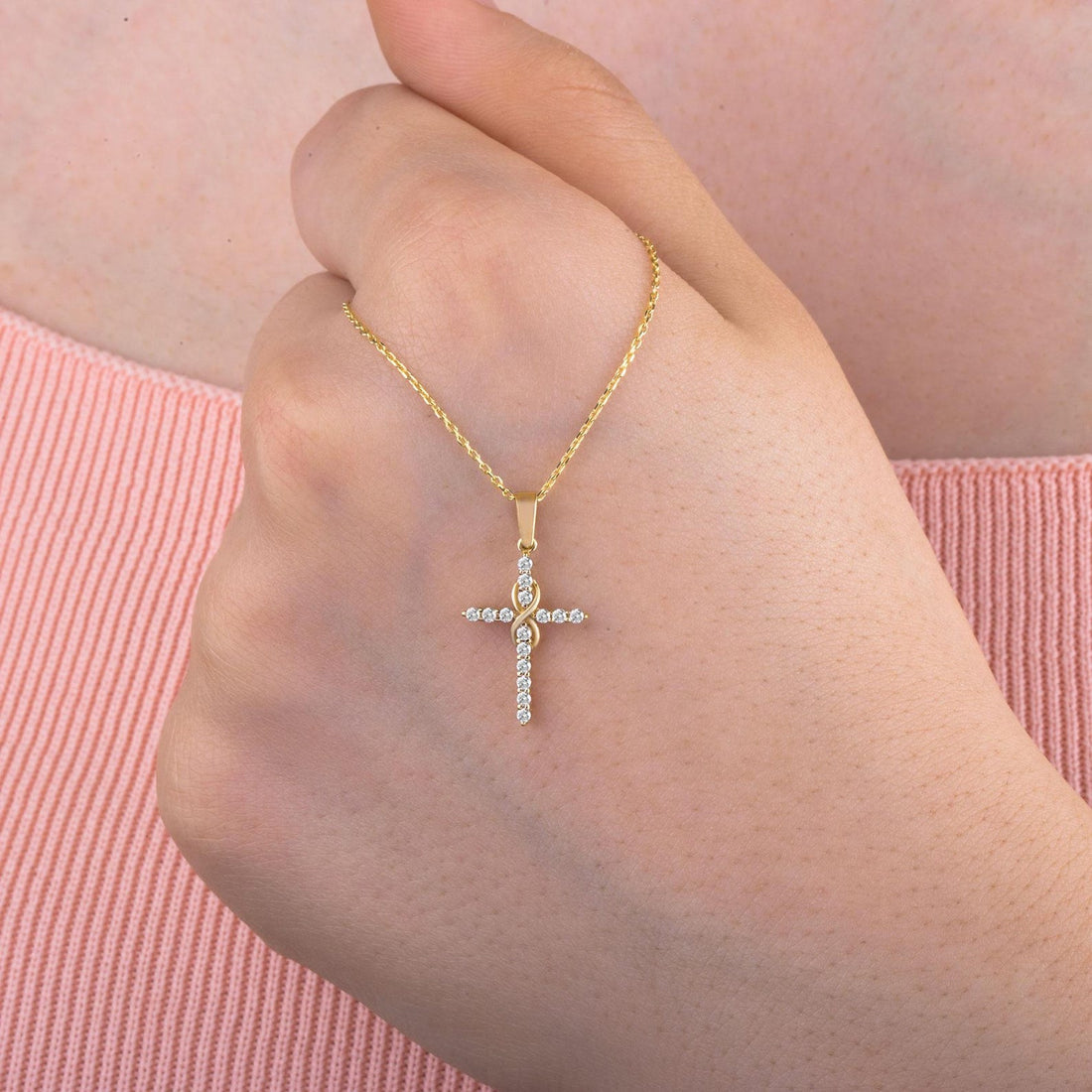 Dainty Infinity Cross Pendant Necklace with Sparkling Diamond – Elegant Christian Jewelry for Women
