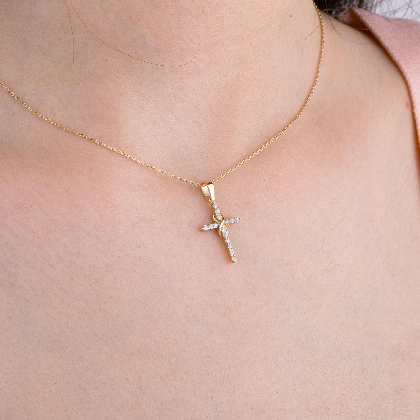 Dainty Infinity Cross Pendant Necklace with Sparkling Diamond – Elegant Christian Jewelry for Women