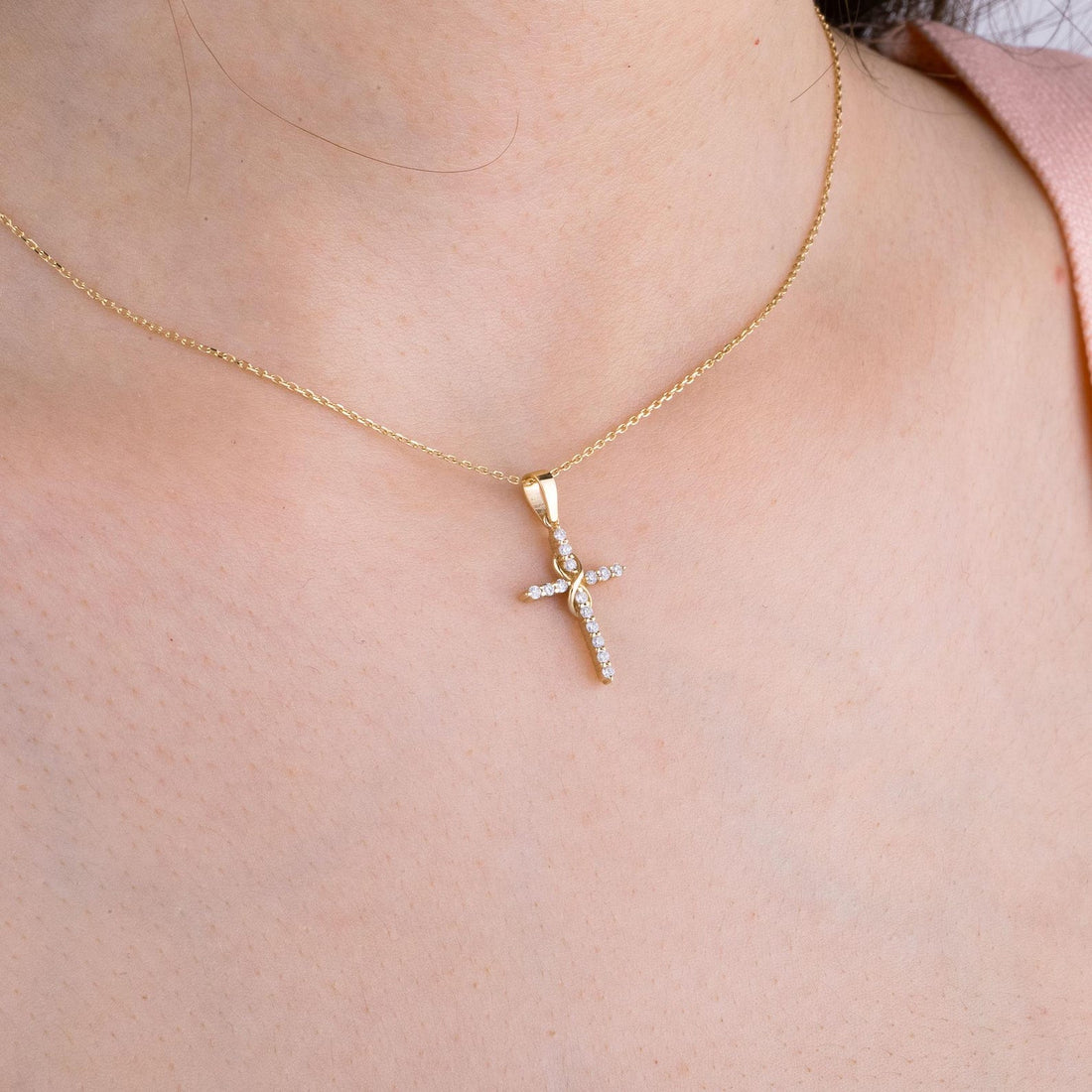 Dainty Infinity Cross Pendant Necklace with Sparkling Diamond – Elegant Christian Jewelry for Women