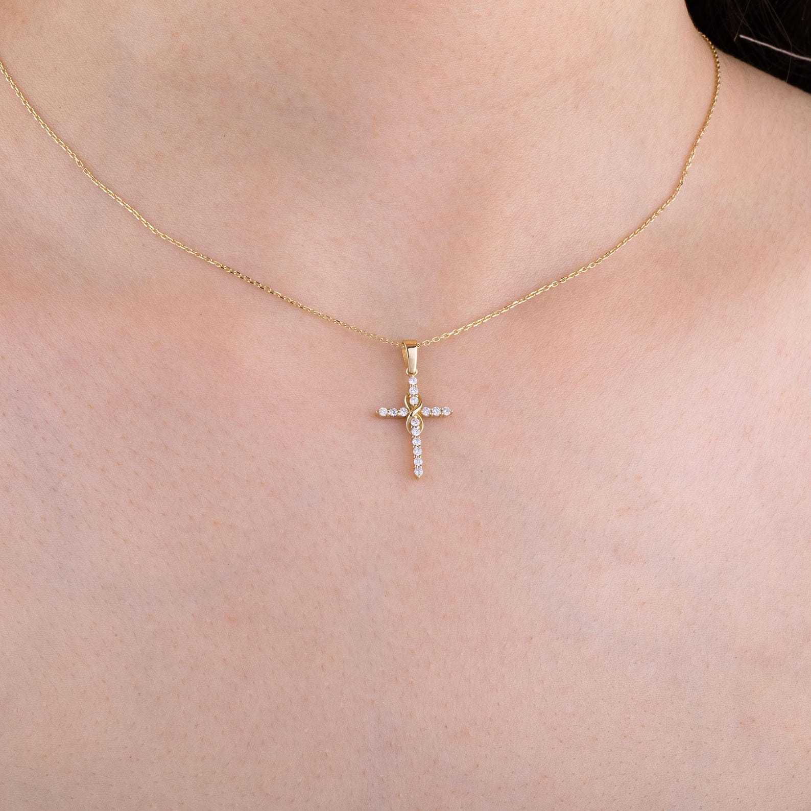 Dainty Infinity Cross Pendant Necklace with Sparkling Diamond – Elegant Christian Jewelry for Women
