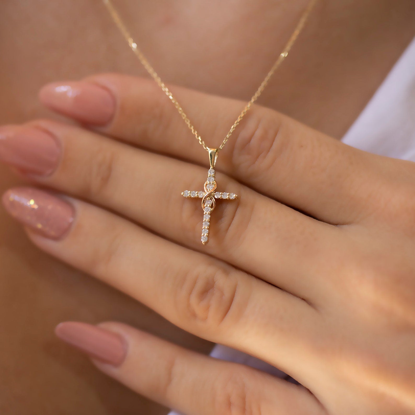Dainty Infinity Cross Pendant Necklace with Sparkling Diamond – Elegant Christian Jewelry for Women