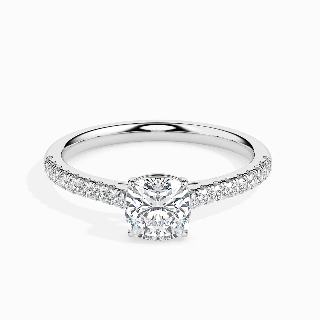 Cushion Cut Diamond Solitaire Engagement Ring with Pavé Band | 14K & 18K White Gold