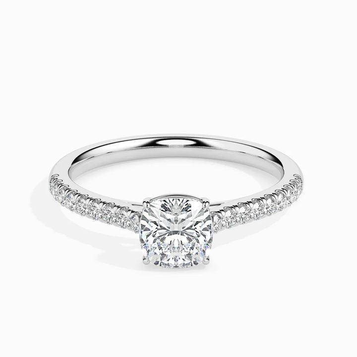 Cushion Cut Diamond Solitaire Engagement Ring with Pavé Band | 14K & 18K White Gold