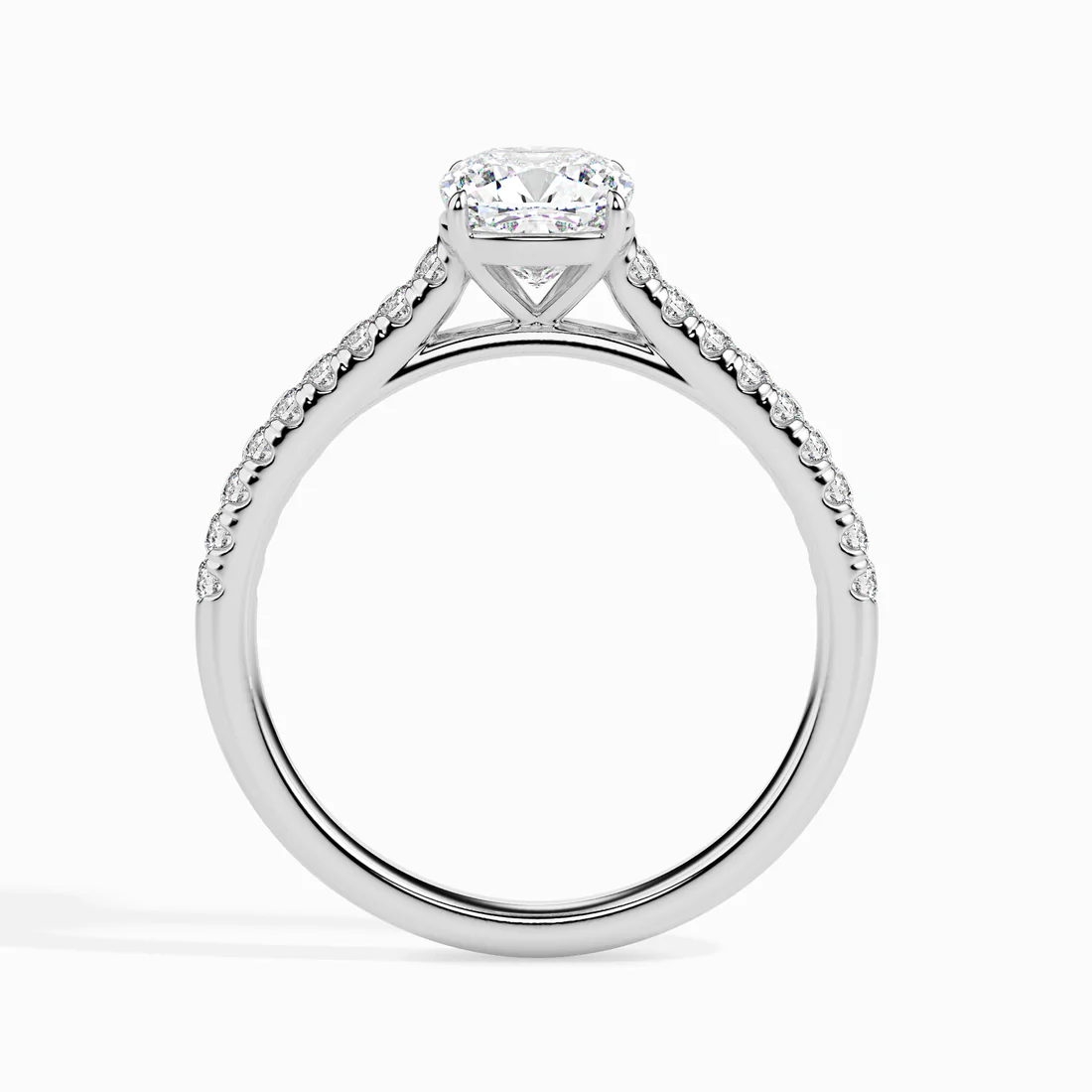 Cushion Cut Diamond Solitaire Engagement Ring with Pavé Band | 14K & 18K White Gold