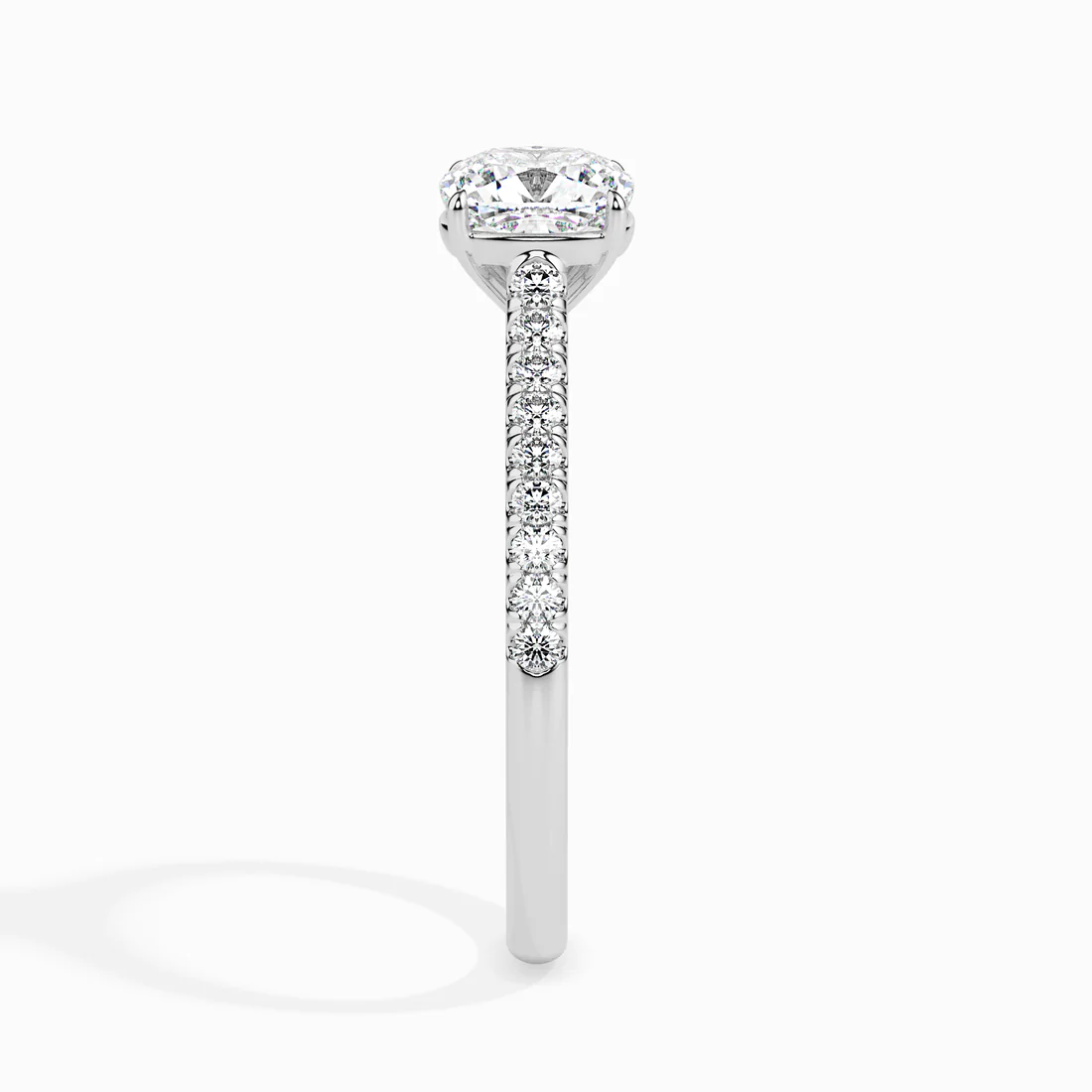 Cushion Cut Diamond Solitaire Engagement Ring with Pavé Band | 14K & 18K White Gold