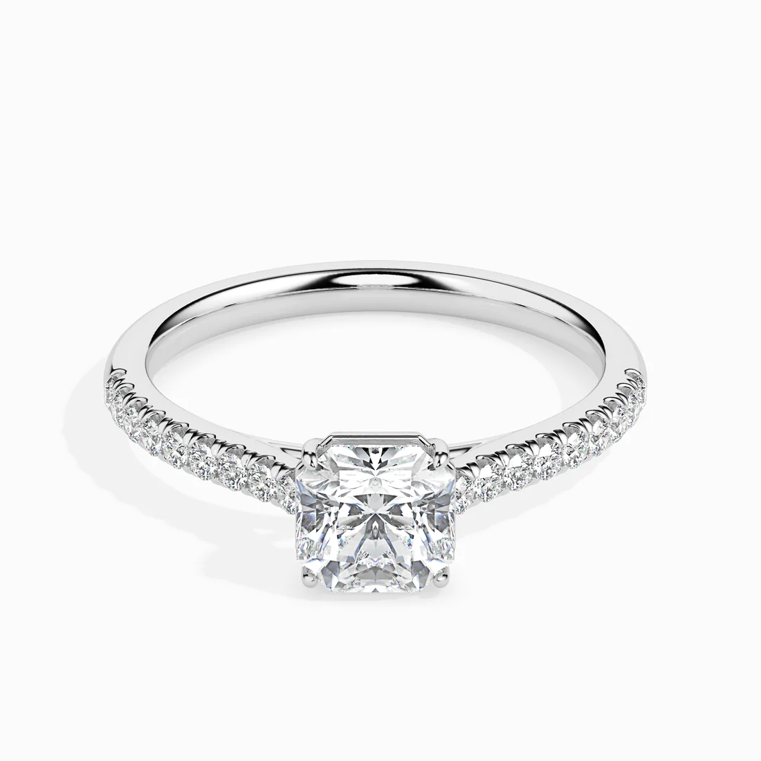 Asscher Cut Diamond Solitaire Engagement Ring with Pavé Band | 14K & 18K White Gold