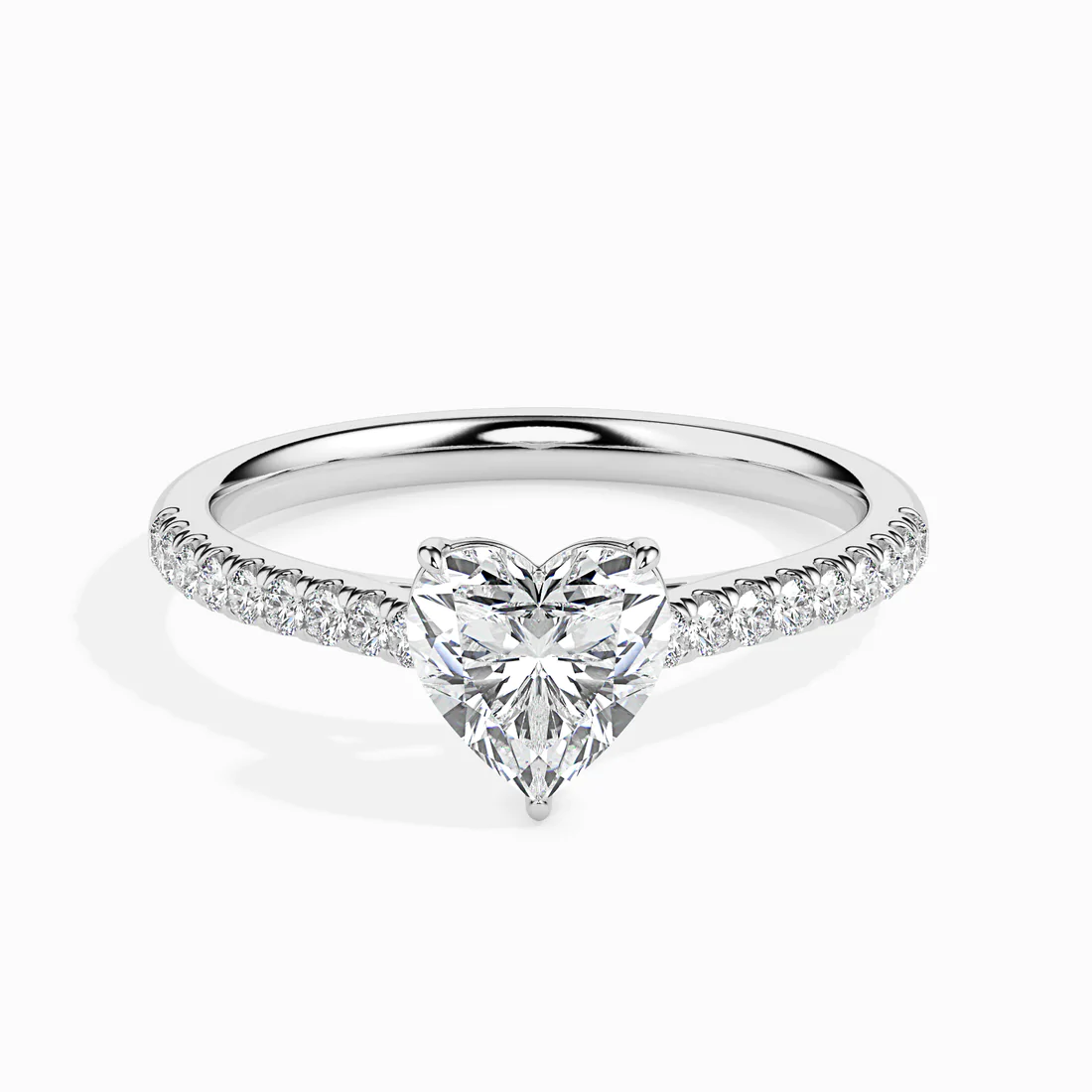 Heart Cut Diamond Engagement Ring with Pavé Band in White Gold | Elegant Solitaire Ring