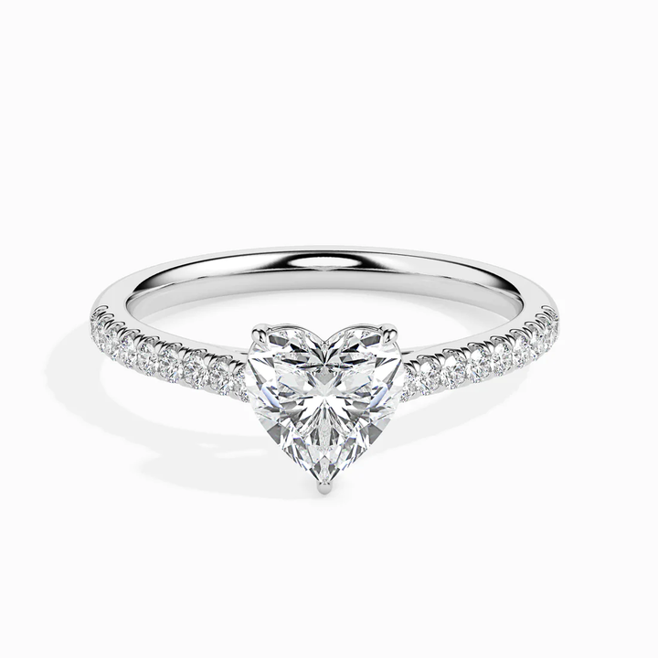 Heart Cut Diamond Engagement Ring with Pavé Band in White Gold | Elegant Solitaire Ring