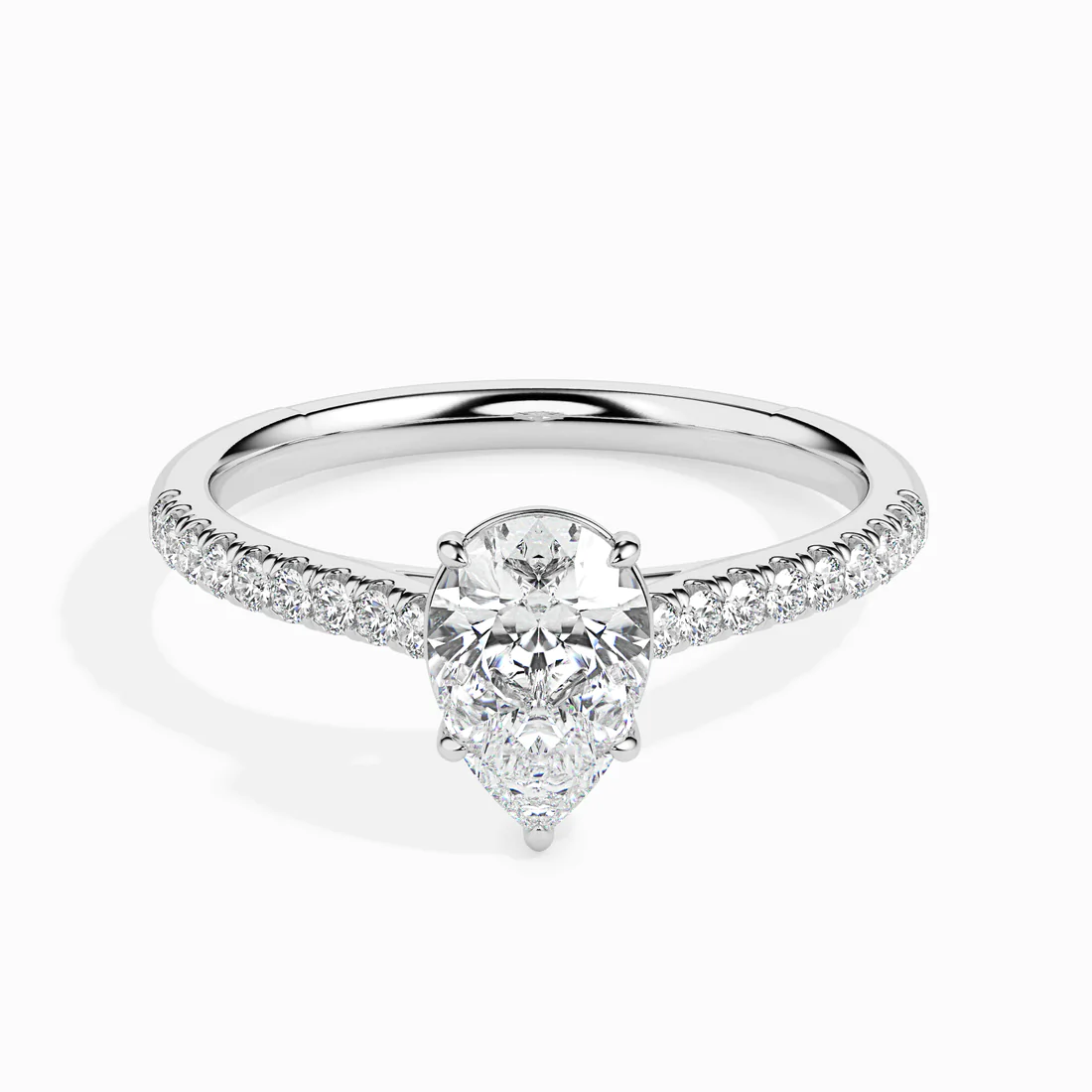 Pear Cut Diamond Engagement Ring with Pavé Band | Elegant Solitaire Ring in White & Yellow Gold