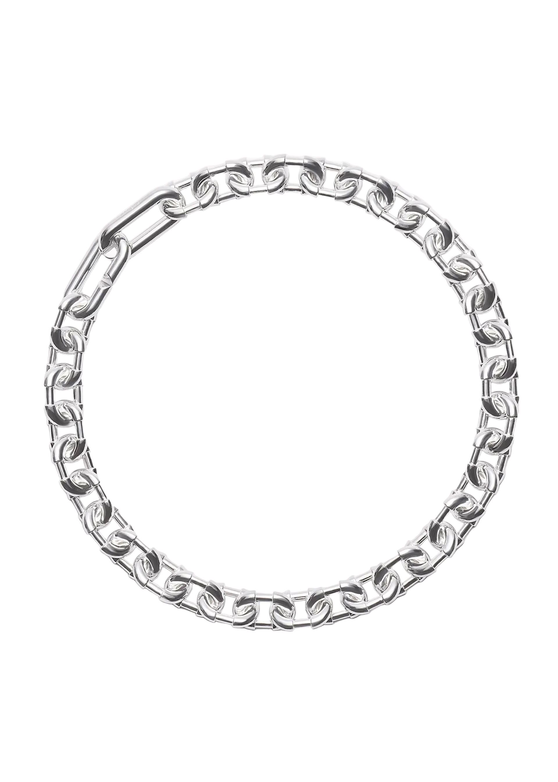 A silver-toned metal chain necklace arranged in a circle on a plain light gray background.