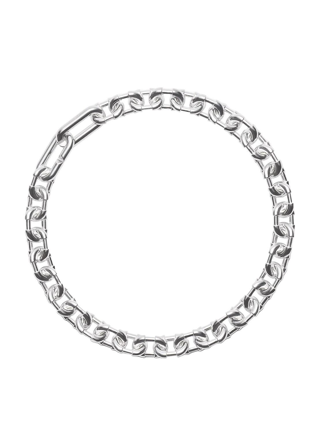 A silver-toned metal chain necklace arranged in a circle on a plain light gray background.