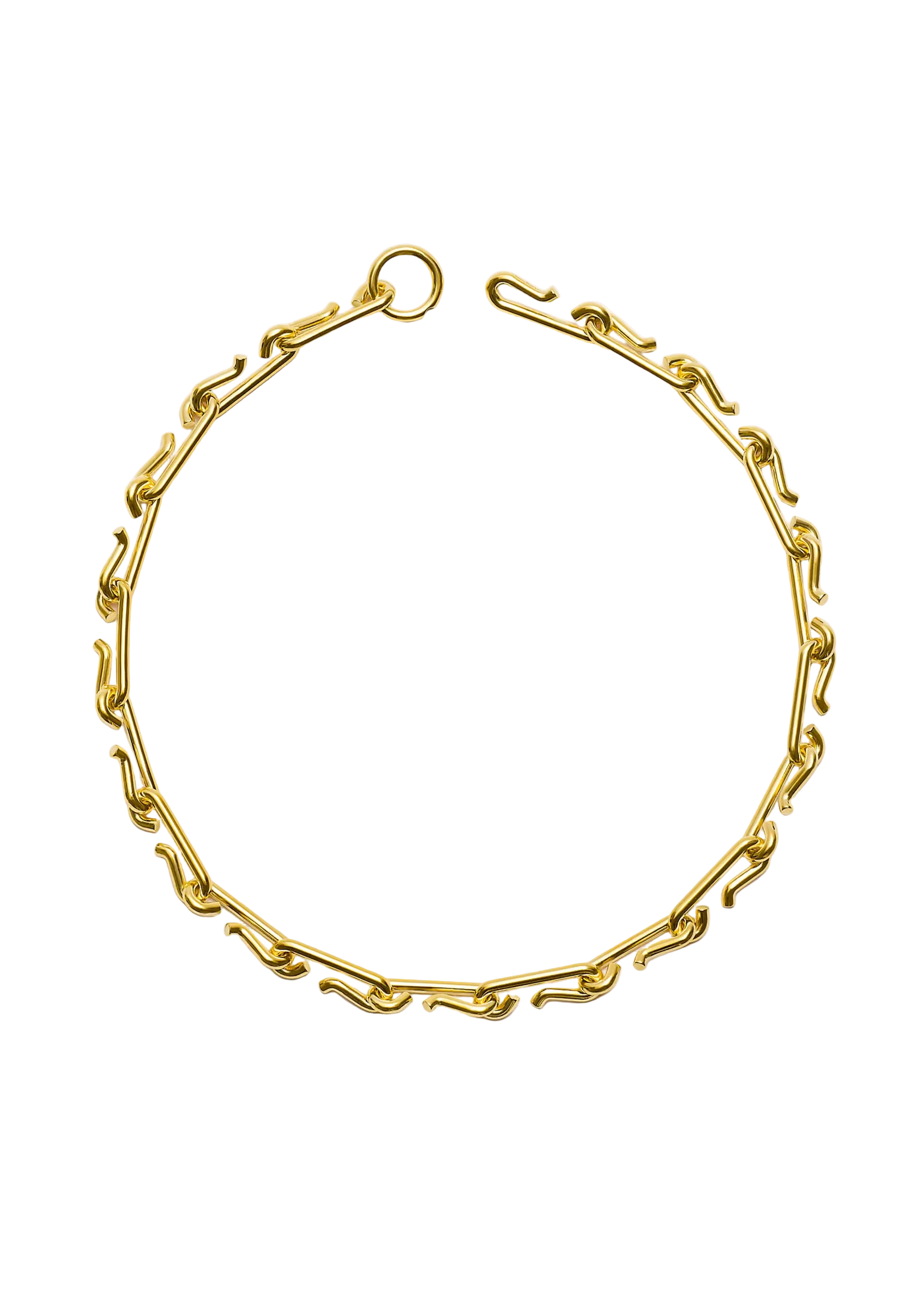 A gold-toned chain necklace with a unique wavy, interlocking link design and a small ring clasp, displayed on a clean white background.