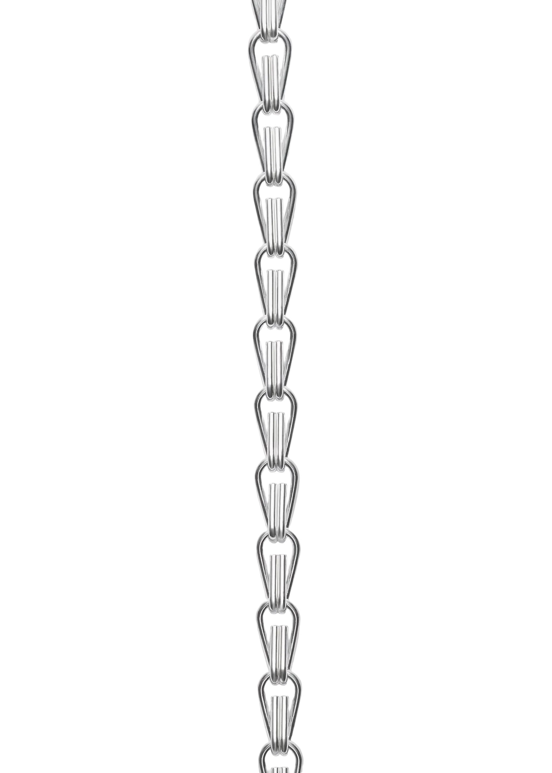 A close-up of a silver-toned chain link necklace featuring elongated, teardrop-shaped links with vertical grooves, set against a plain light gray background.
