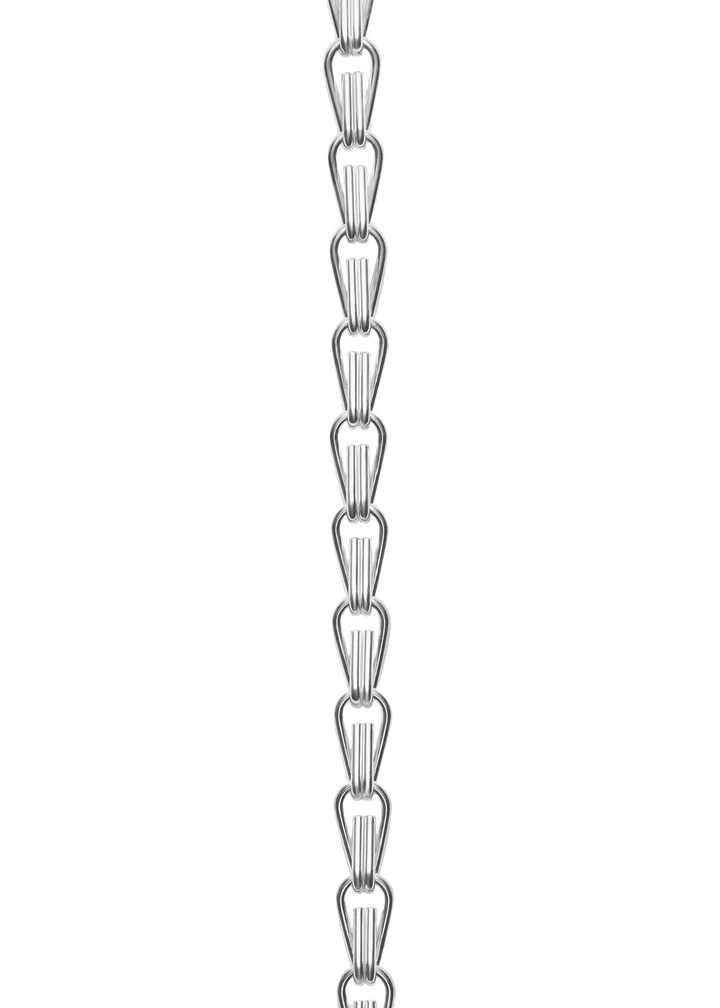 A close-up of a silver-toned chain link necklace featuring elongated, teardrop-shaped links with vertical grooves, set against a plain light gray background.
