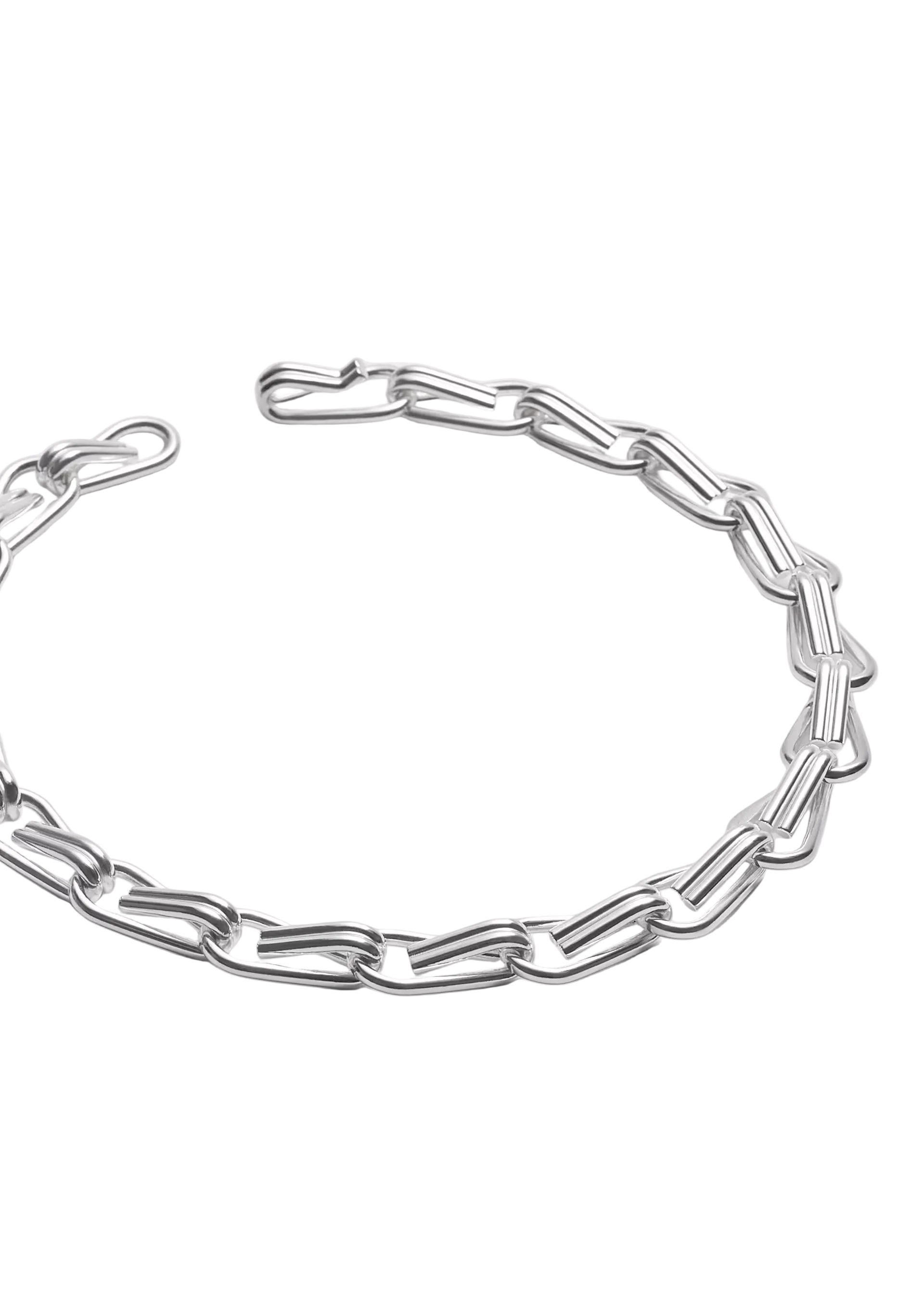 A silver paperclip chain bracelet with a lobster clasp, photographed on a clean, light gray background.