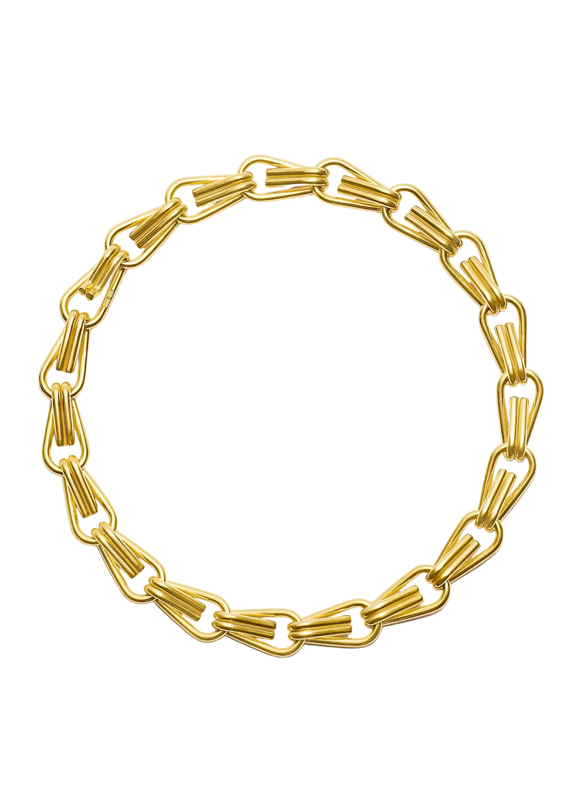 A chunky gold chain necklace with unique, interlocking links, arranged in a circle on a clean white background.