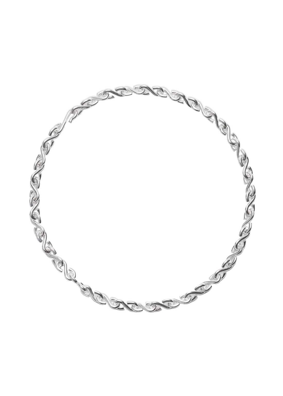 A silver twisted rope chain necklace arranged in a circle on a light gray background.