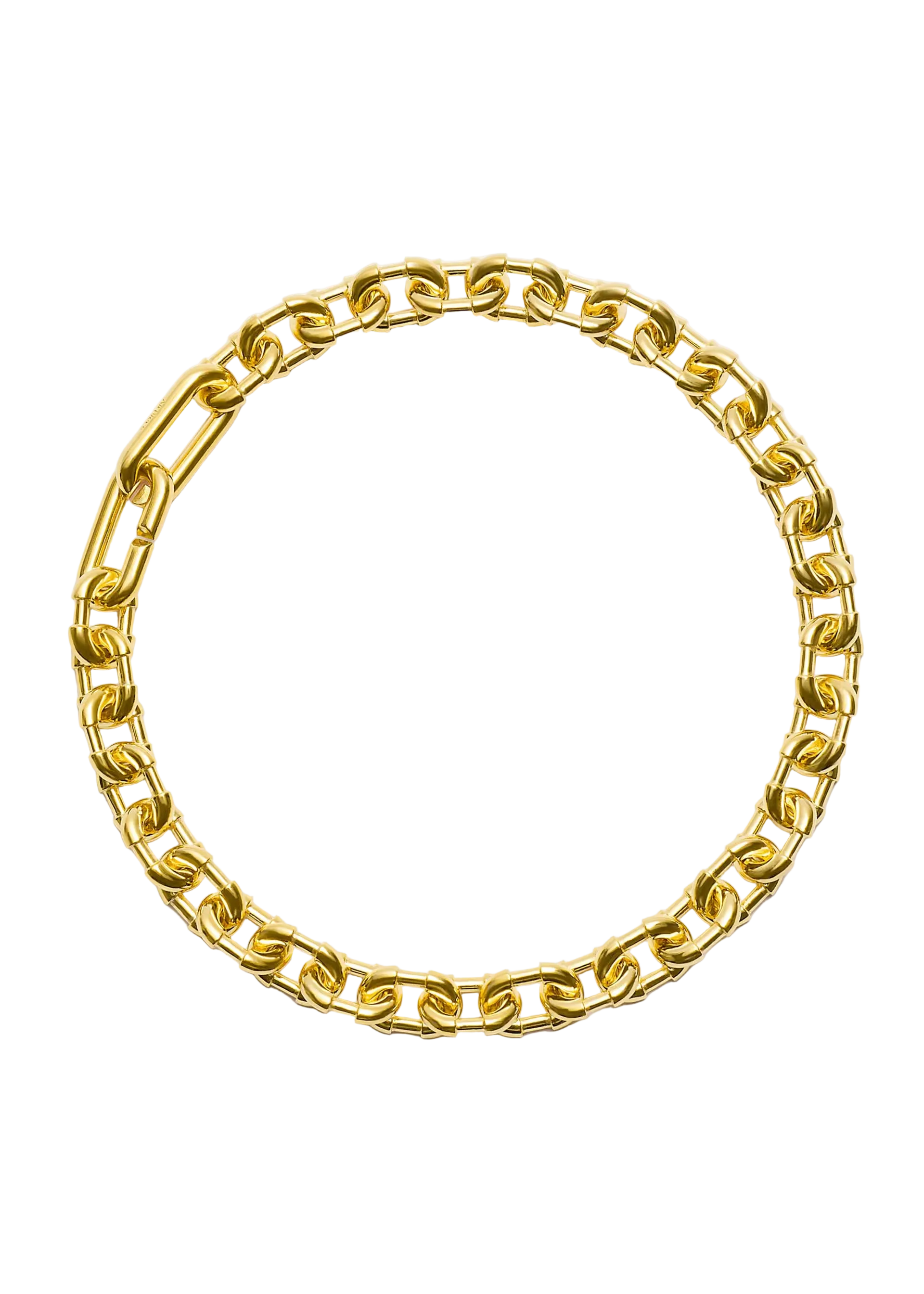 A chunky gold chain necklace arranged in a neat circle on a clean, light gray background.