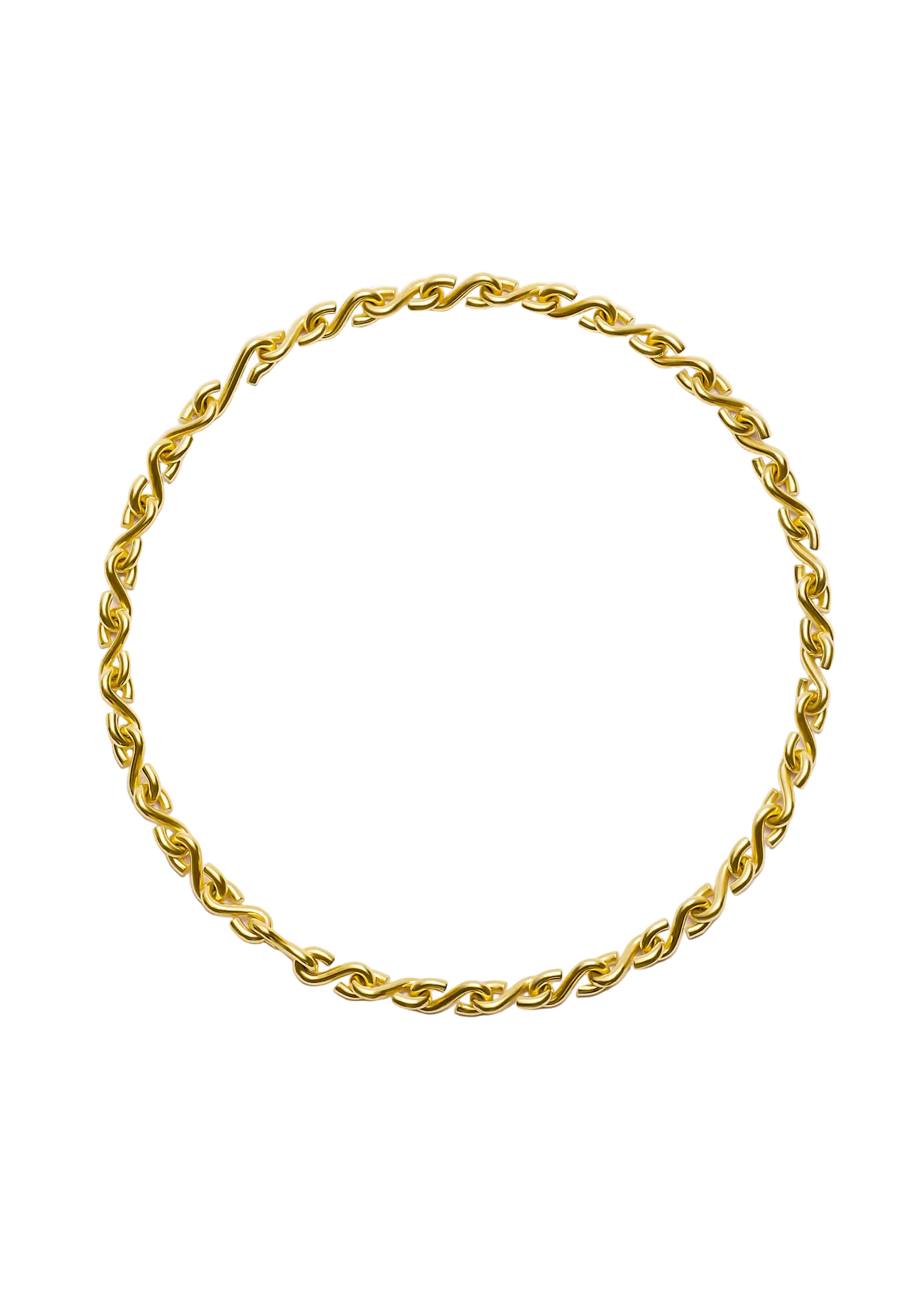 A gold twisted rope chain necklace arranged in a circle on a light gray background.