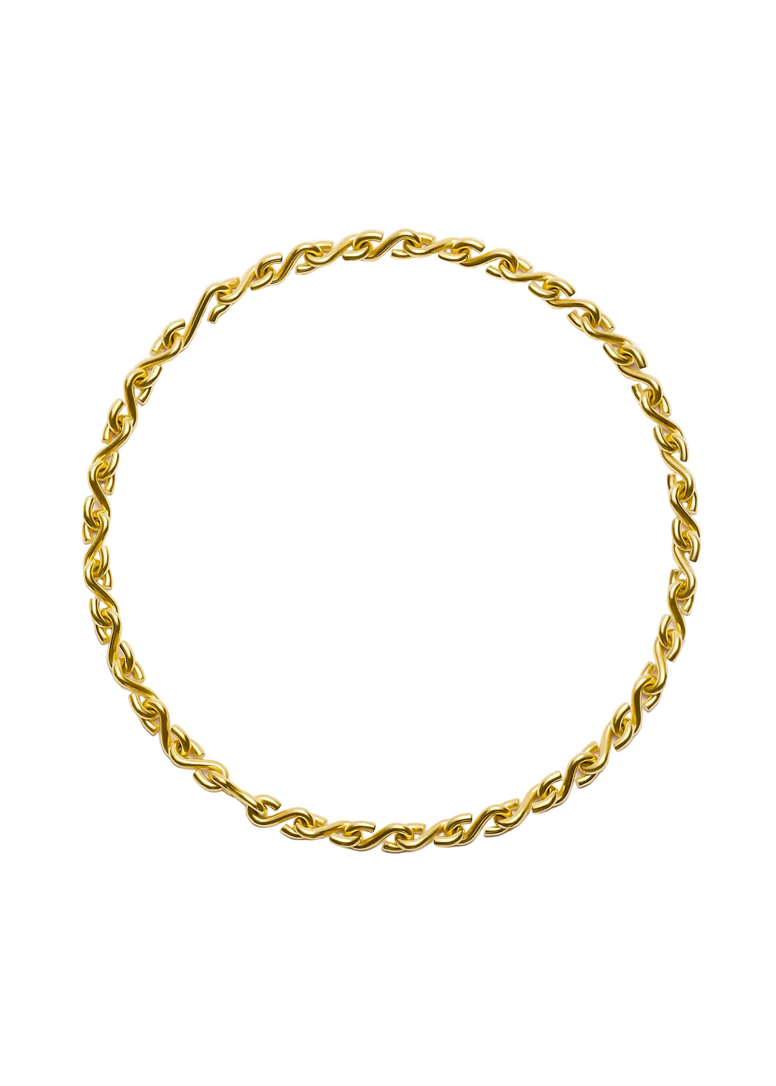 A gold twisted rope chain necklace arranged in a circle on a light gray background.