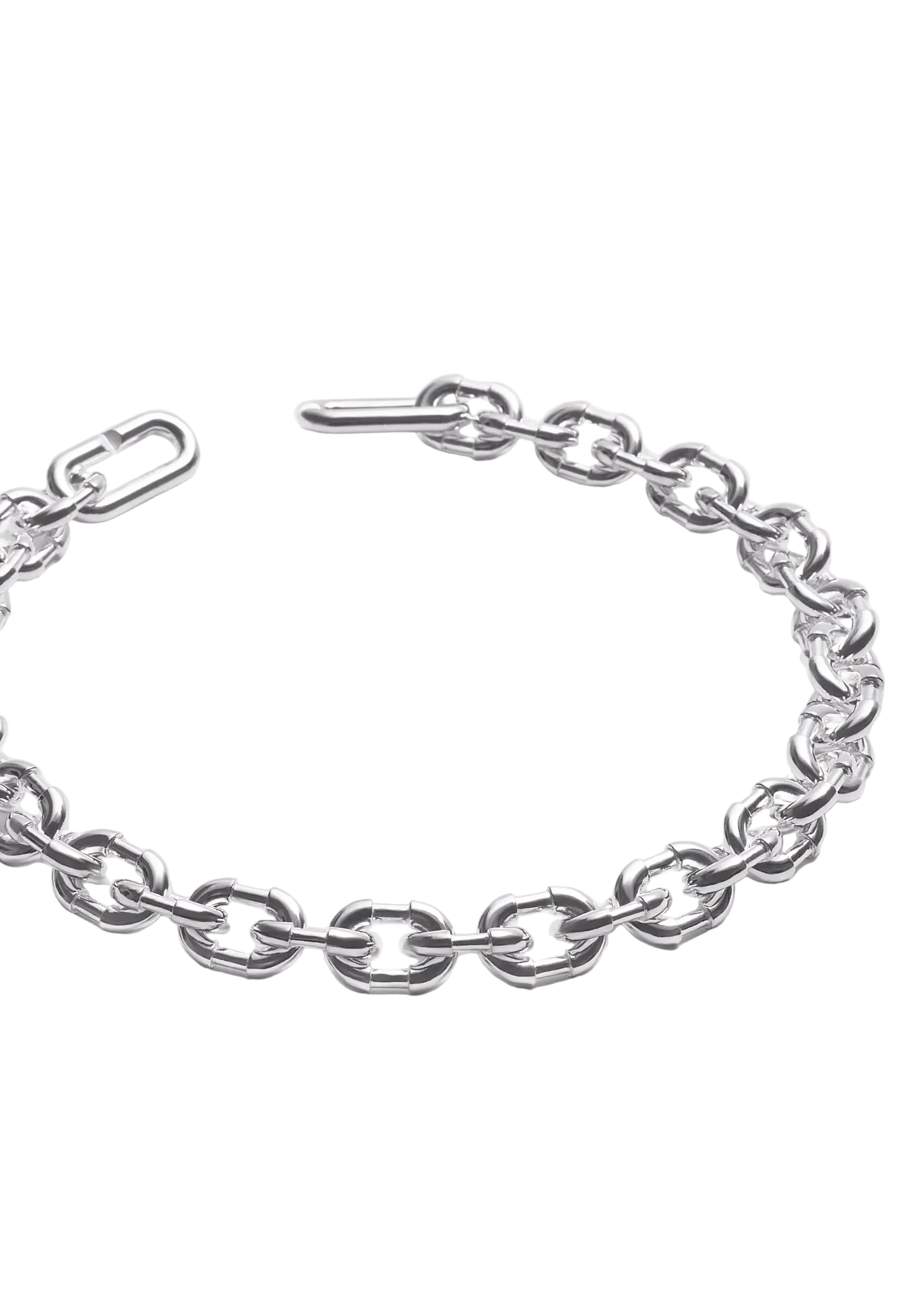 A silver-toned metal chain bracelet with a spring-ring link design and a lobster clasp, shown on a clean white background.