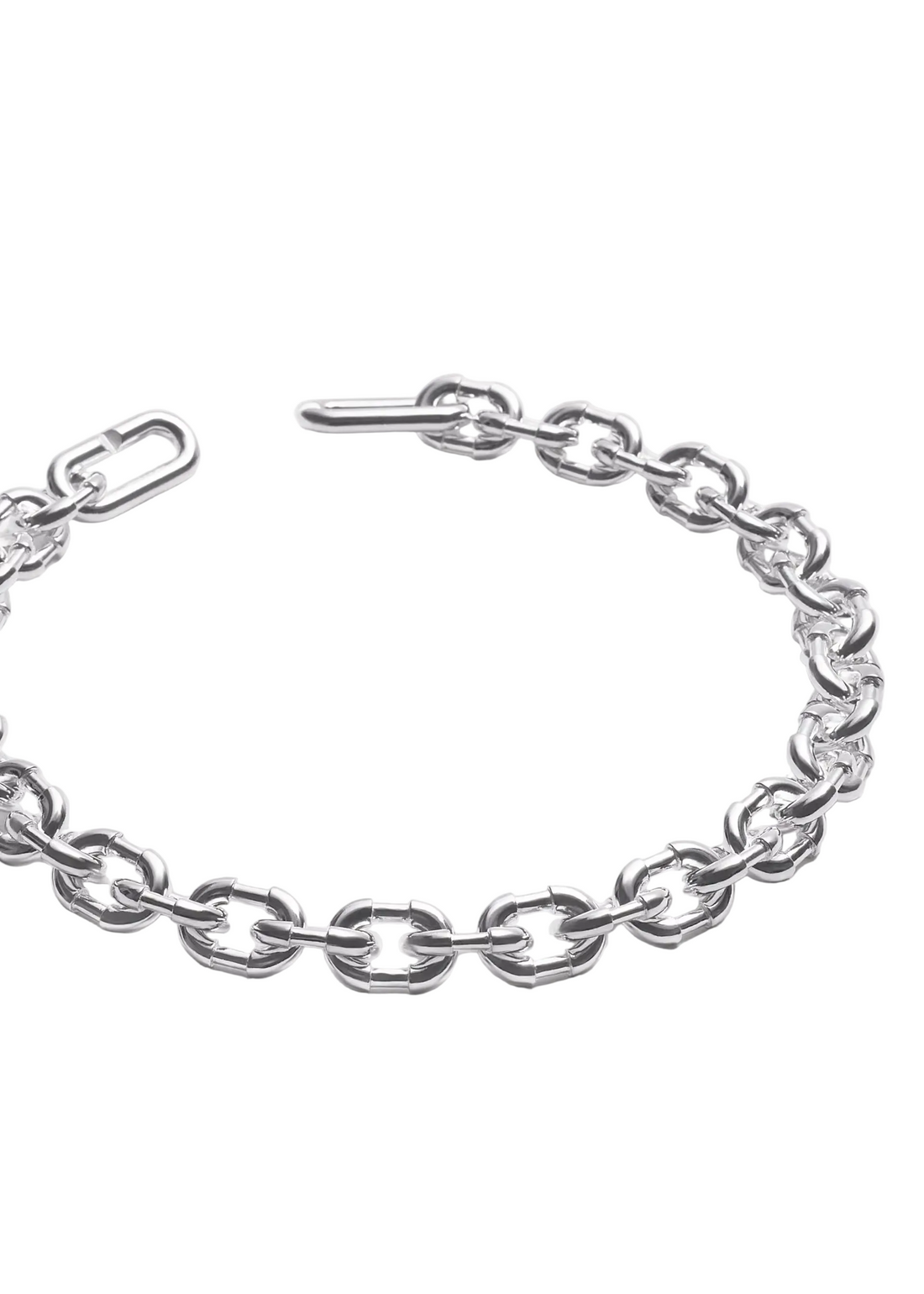 A silver-toned metal chain bracelet with a spring-ring link design and a lobster clasp, shown on a clean white background.