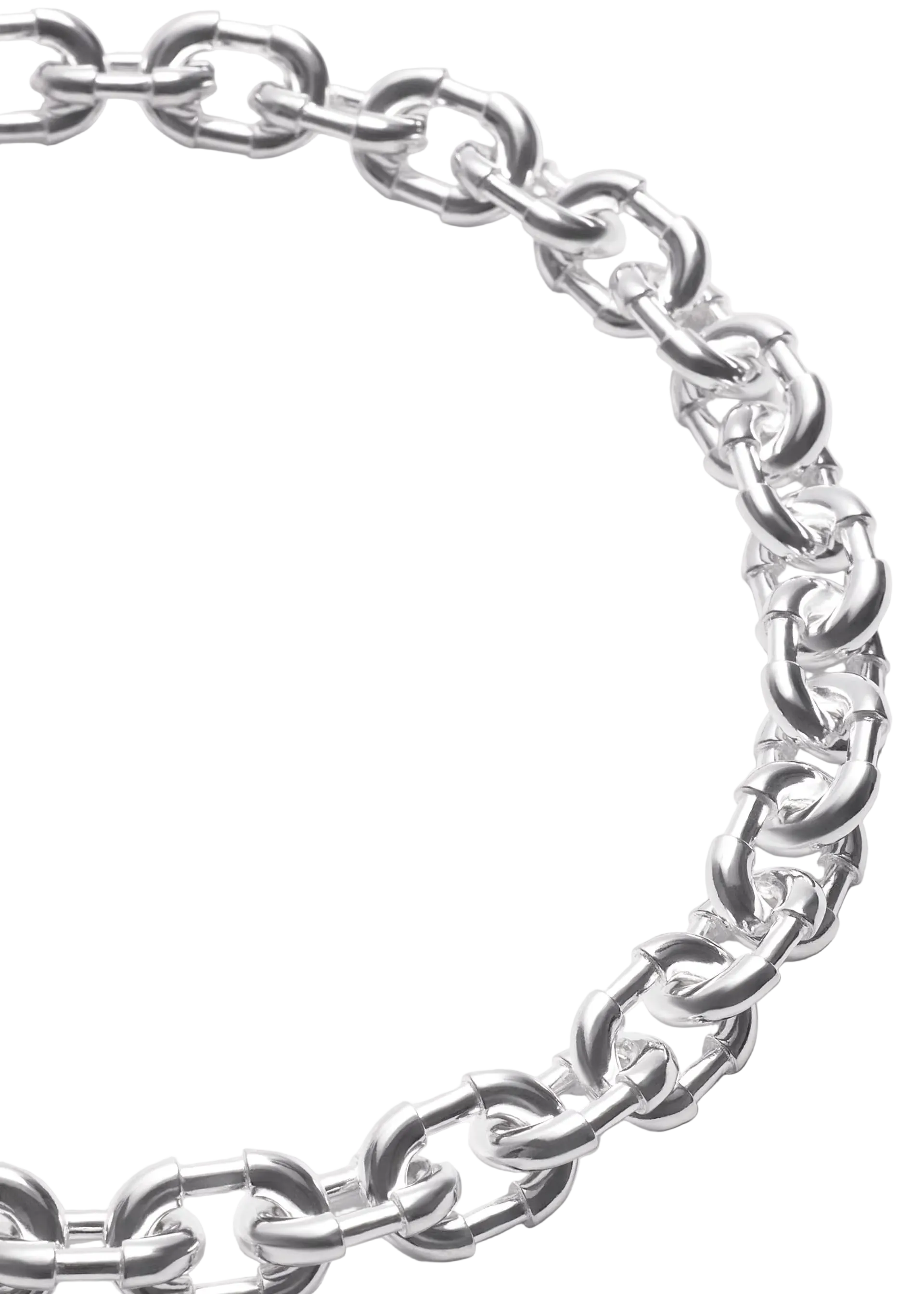A close-up of a polished silver chain link bracelet arranged in a circle on a light gray background.