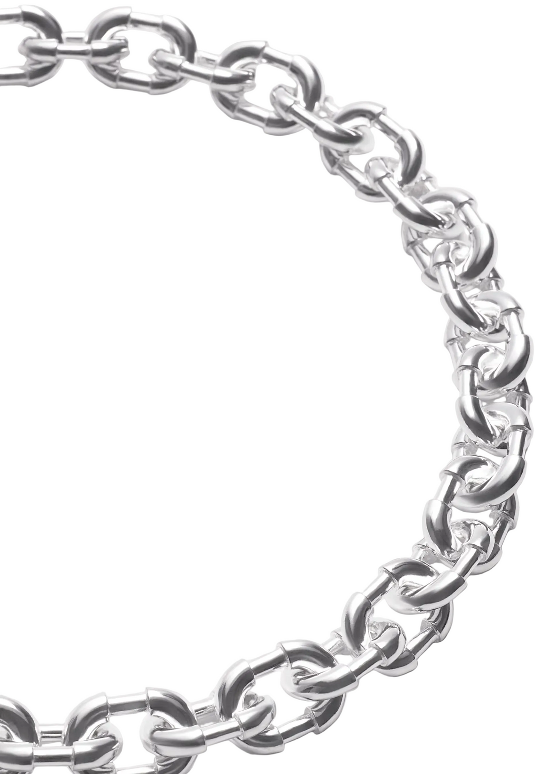 A close-up of a polished silver chain link bracelet arranged in a circle on a light gray background.