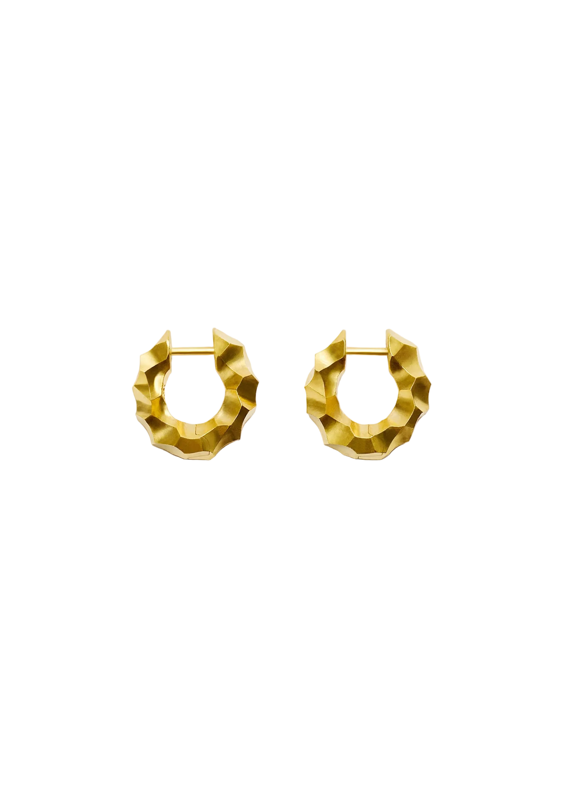 A pair of textured gold hoop earrings with a faceted, geometric low-poly design, displayed on a clean white background.